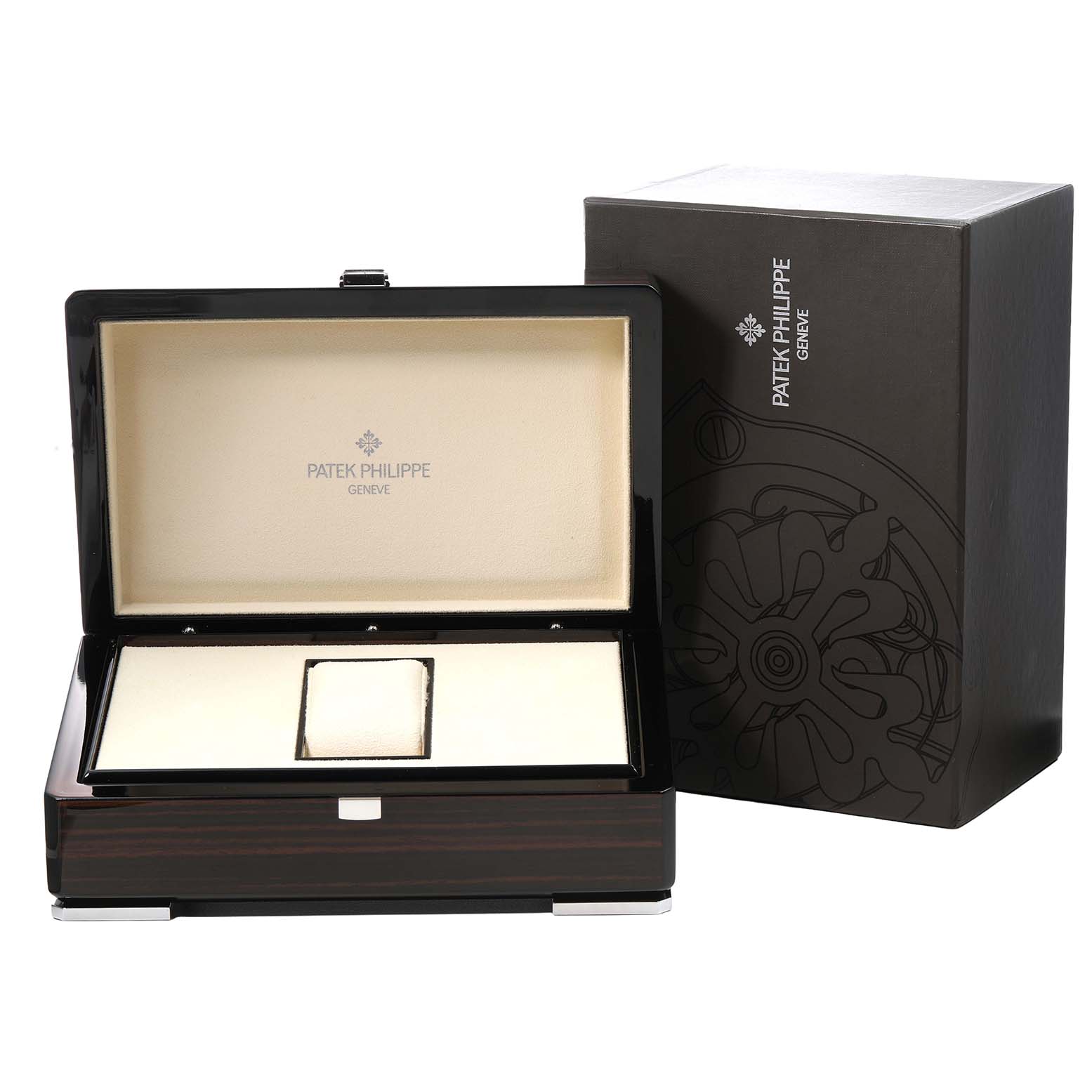 The image shows an open Patek Philippe Complications 4948G Men's White Gold Mother of Pearl Dial watch box, displaying the interior and outer packaging.