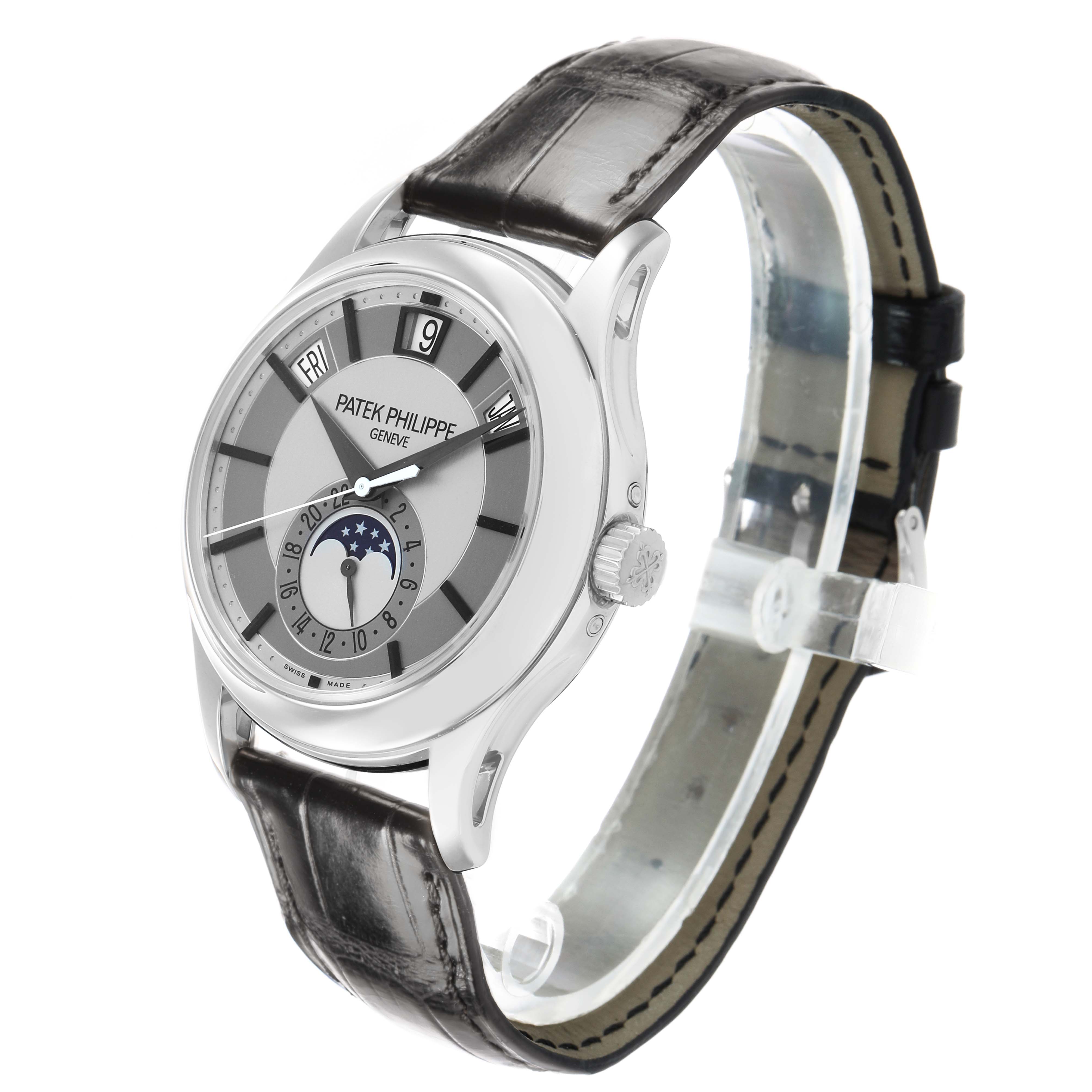 The Patek Philippe Complications 5205G Men's White Gold Silver Dial watch is shown at a three-quarter angle, displaying the face, crown, and strap.