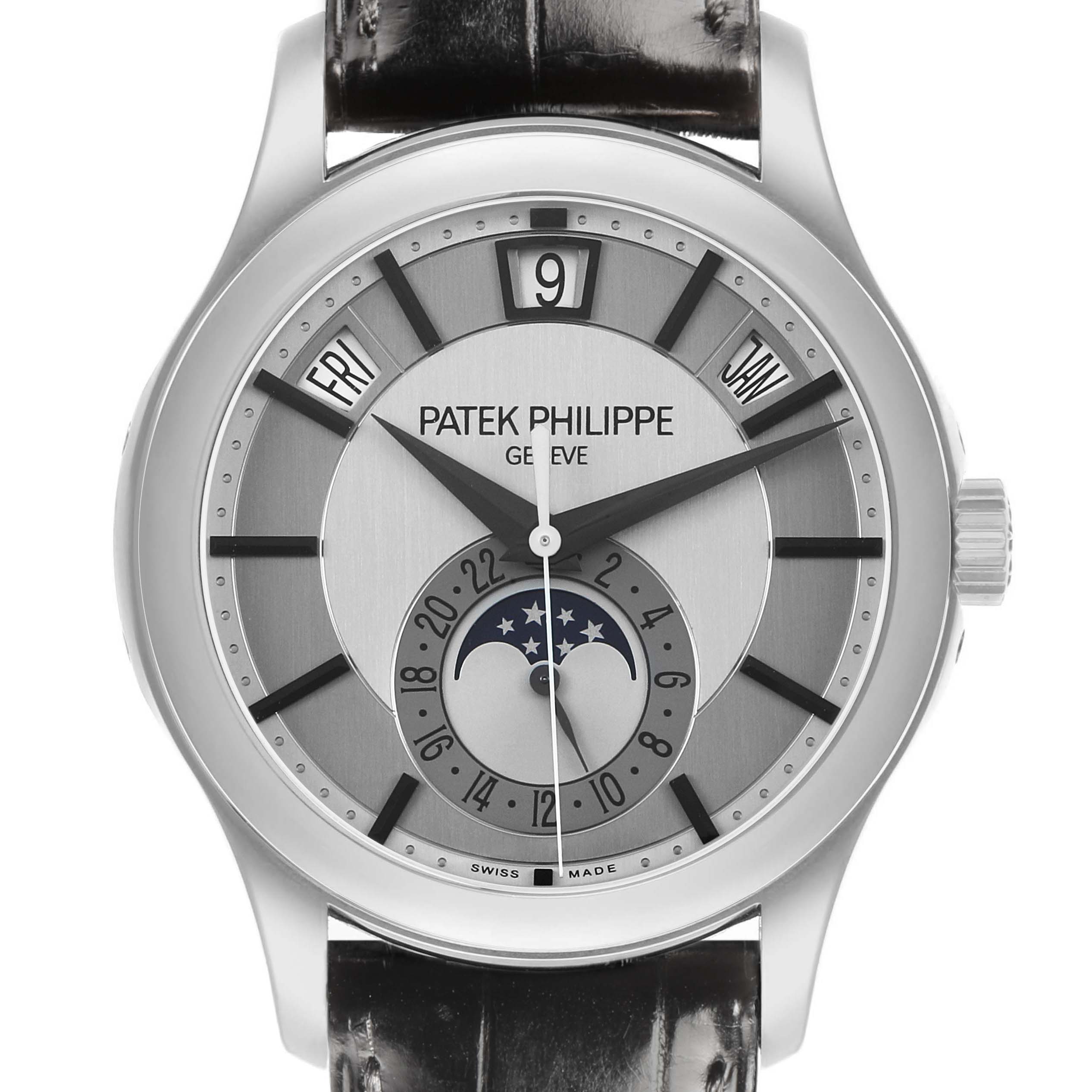The Patek Philippe Complications 5205G Men's White Gold Silver Dial watch is shown front-on, displaying the dial with day, date, month, and moon phase features.