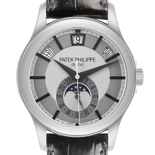 The image shows a front view of the Patek Philippe Complications 5205G Men's White Gold Silver Dial watch, displaying the dial with day, month, date, and moon phase indicators.