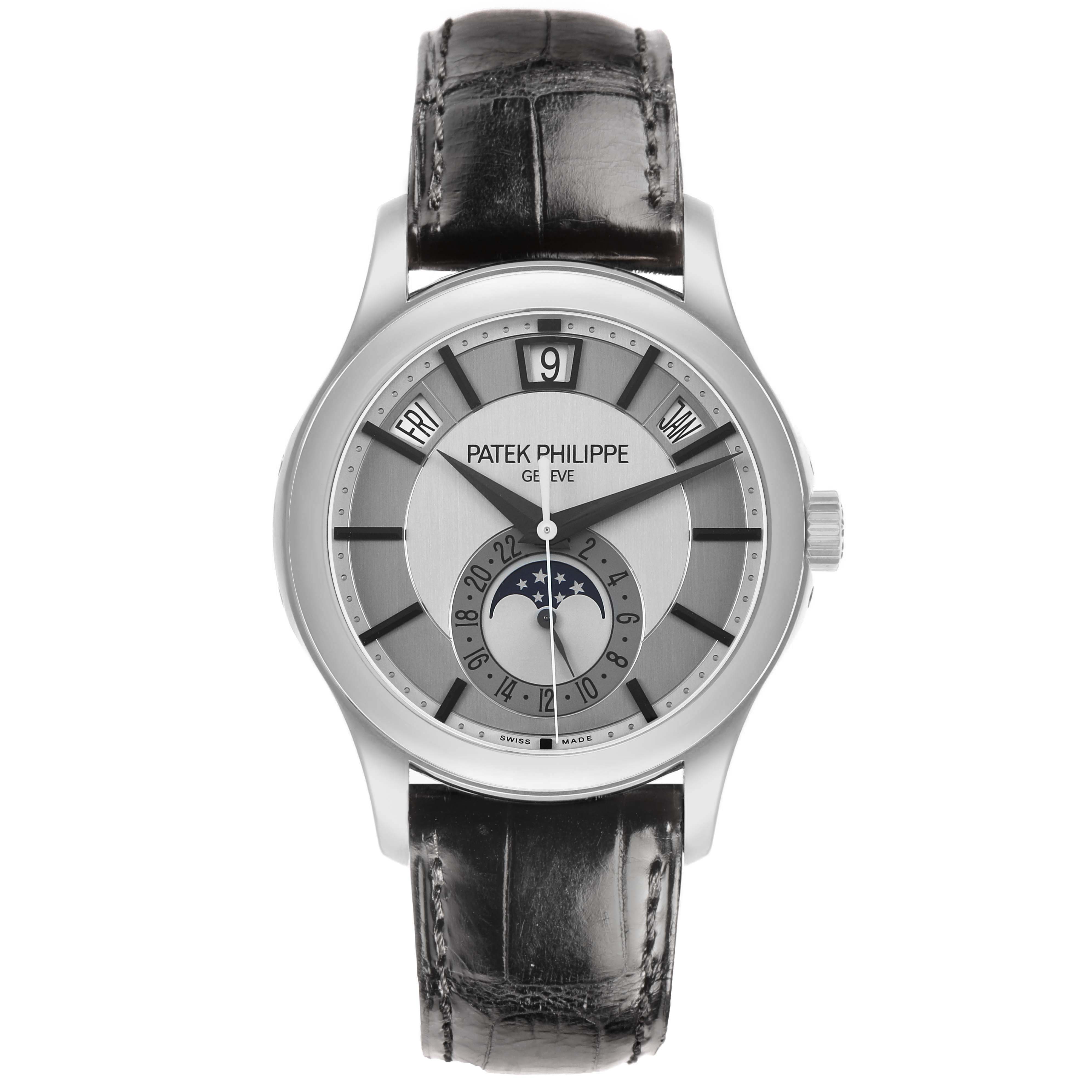 The Patek Philippe Complications 5205G Men's White Gold Silver Dial watch is shown from a front view, displaying its dial, moon phase, and leather strap.