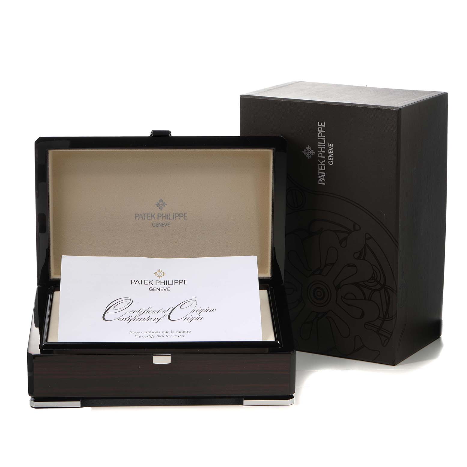 The image shows a Patek Philippe Complications 5205G Men's White Gold Silver Dial watch box and certificate, viewed from the front with the lid open.