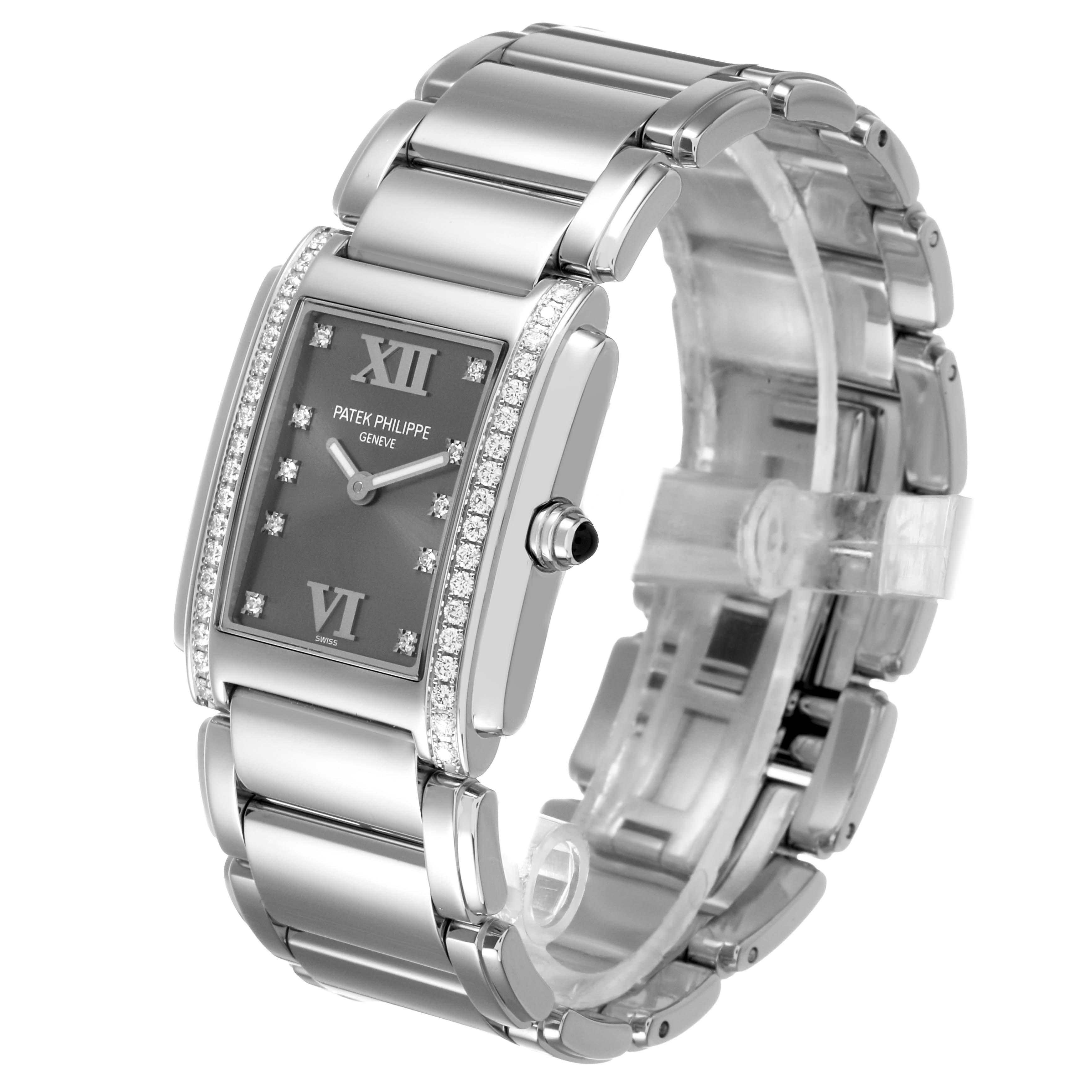 The Patek Philippe Twenty-4 4910/10A-010 Women's Stainless Steel Grey Dial watch is shown at an angle showcasing its face, bracelet, and side, highlighting the diamond accents.