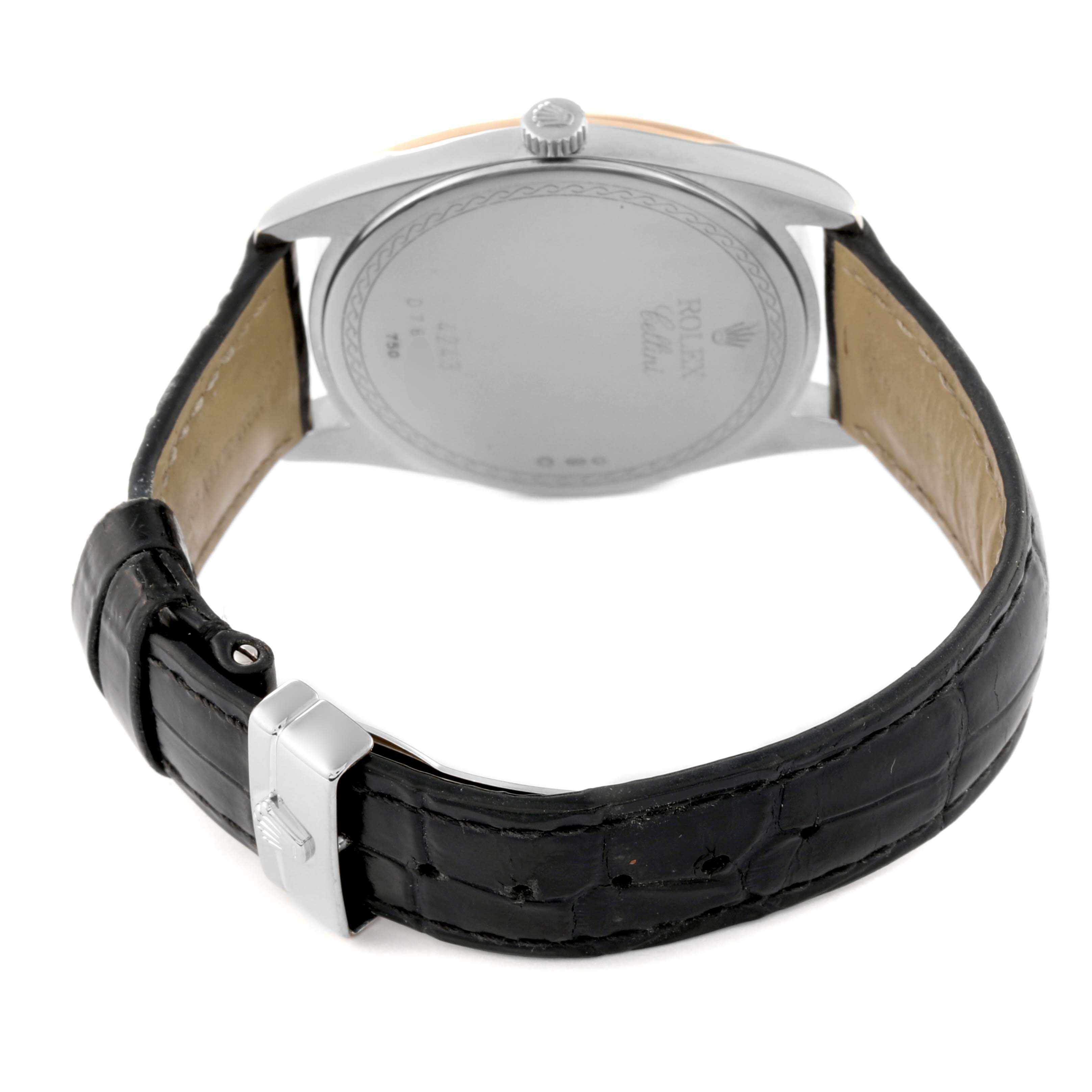 The Rolex Cellini 4243 Men's White Gold White Dial 4243 Men's White Gold White Dial watch is shown from the rear, highlighting the case back, leather strap, and clasp.