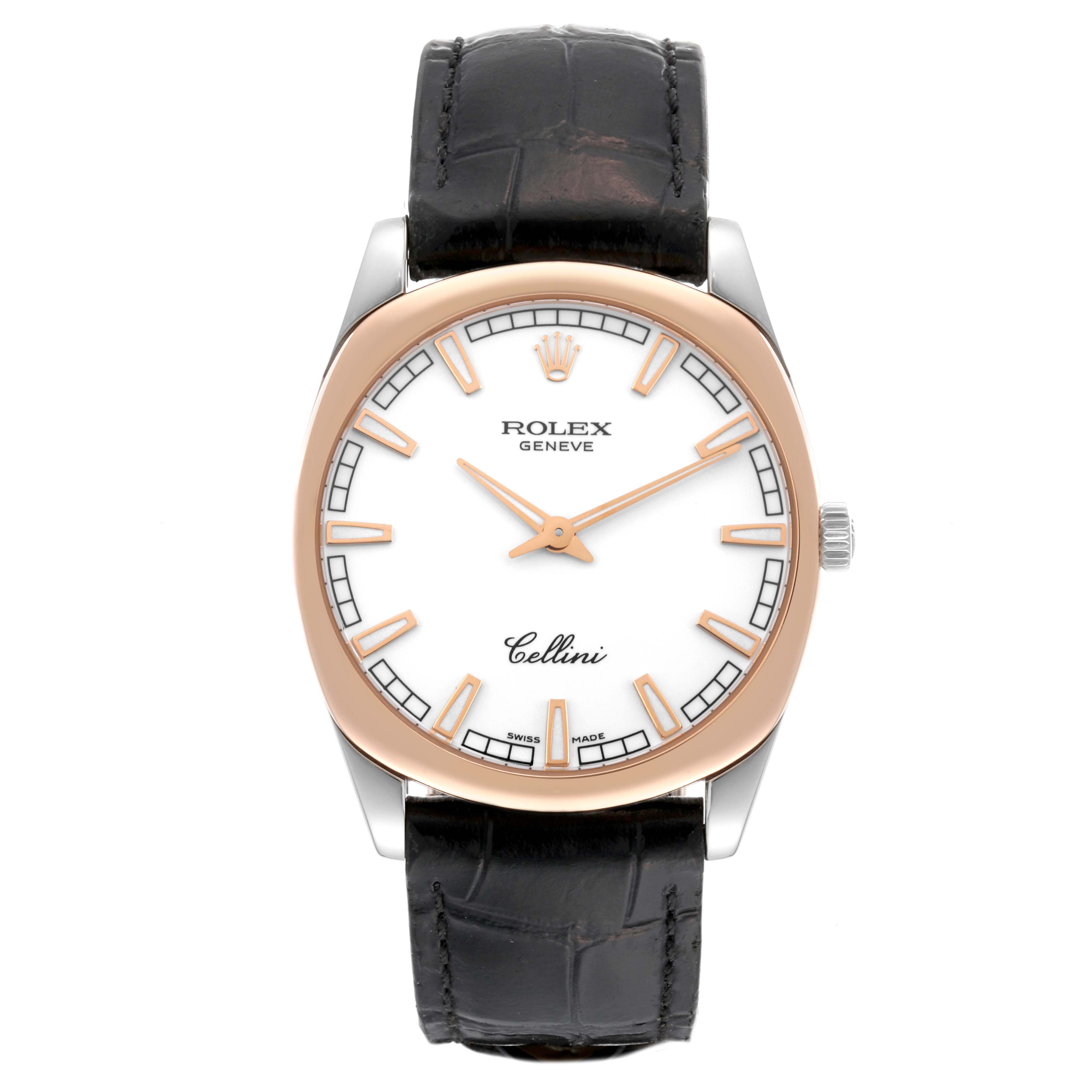 The Rolex Cellini 4243 Men's White Gold White Dial 4243 Men's White Gold White Dial watch is shown from a front angle, displaying its dial, hands, bezel, and leather strap.