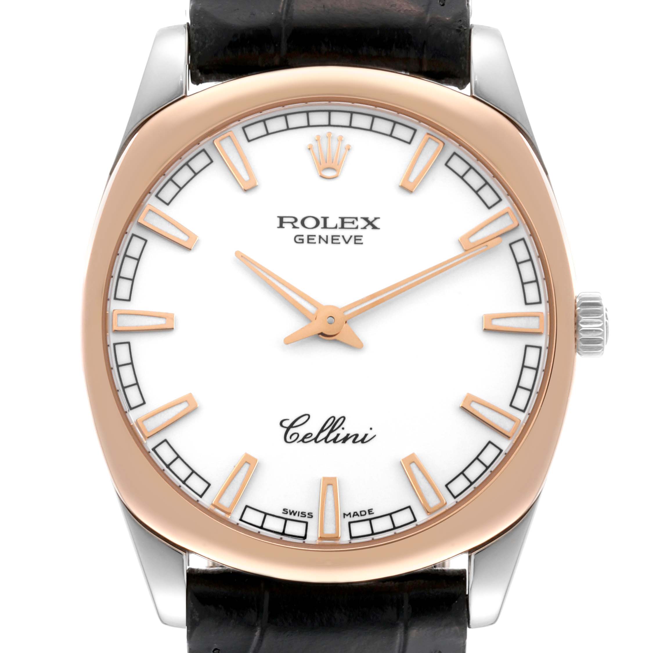 The Rolex Cellini 4243 Men's White Gold White Dial 4243 Men's White Gold White Dial watch is shown from a front angle, highlighting the dial, bezel, and part of the strap.