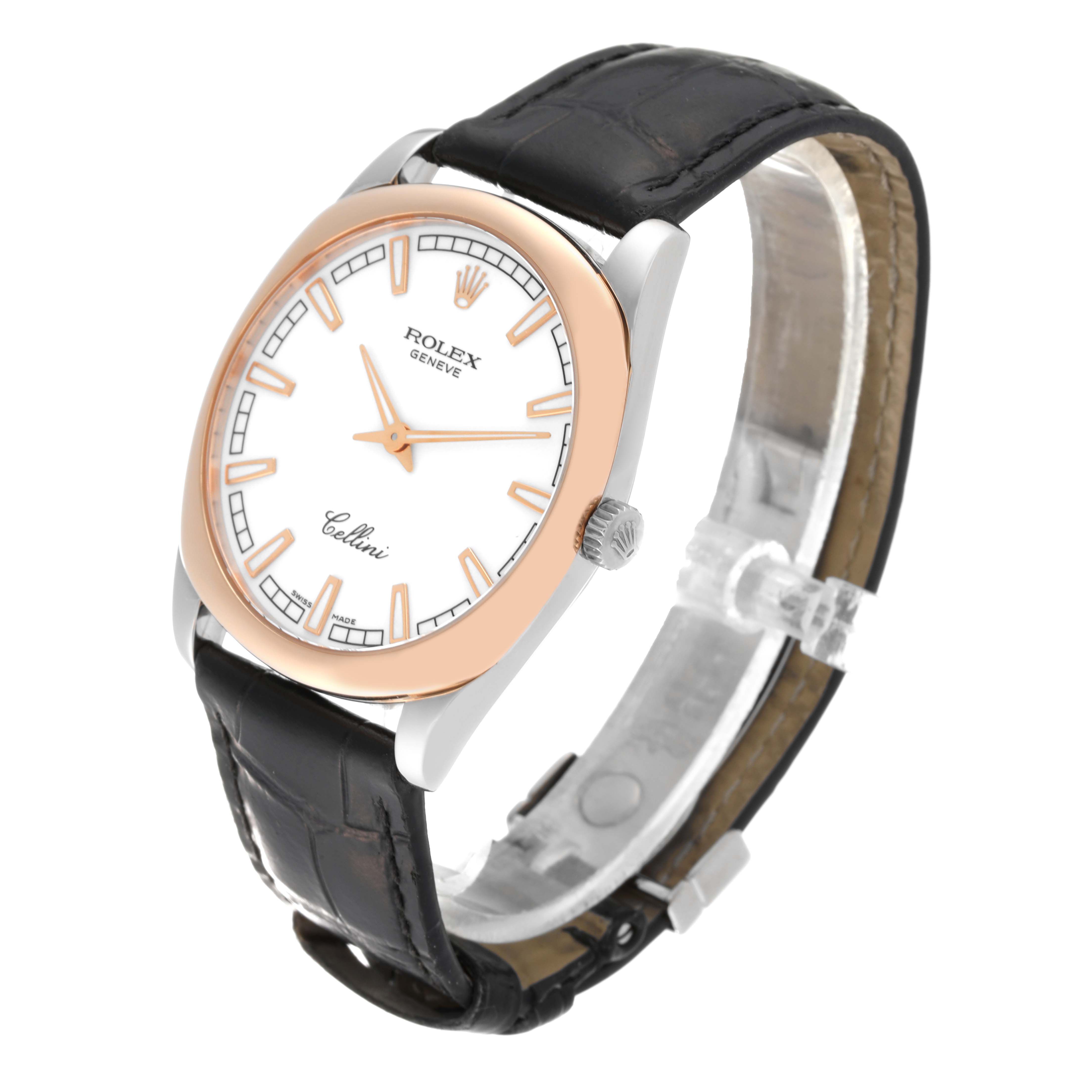The Rolex Cellini 4243 Men's White Gold White Dial 4243 Men's White Gold White Dial watch is shown at a three-quarter angle, highlighting the face, bezel, crown, and leather strap.