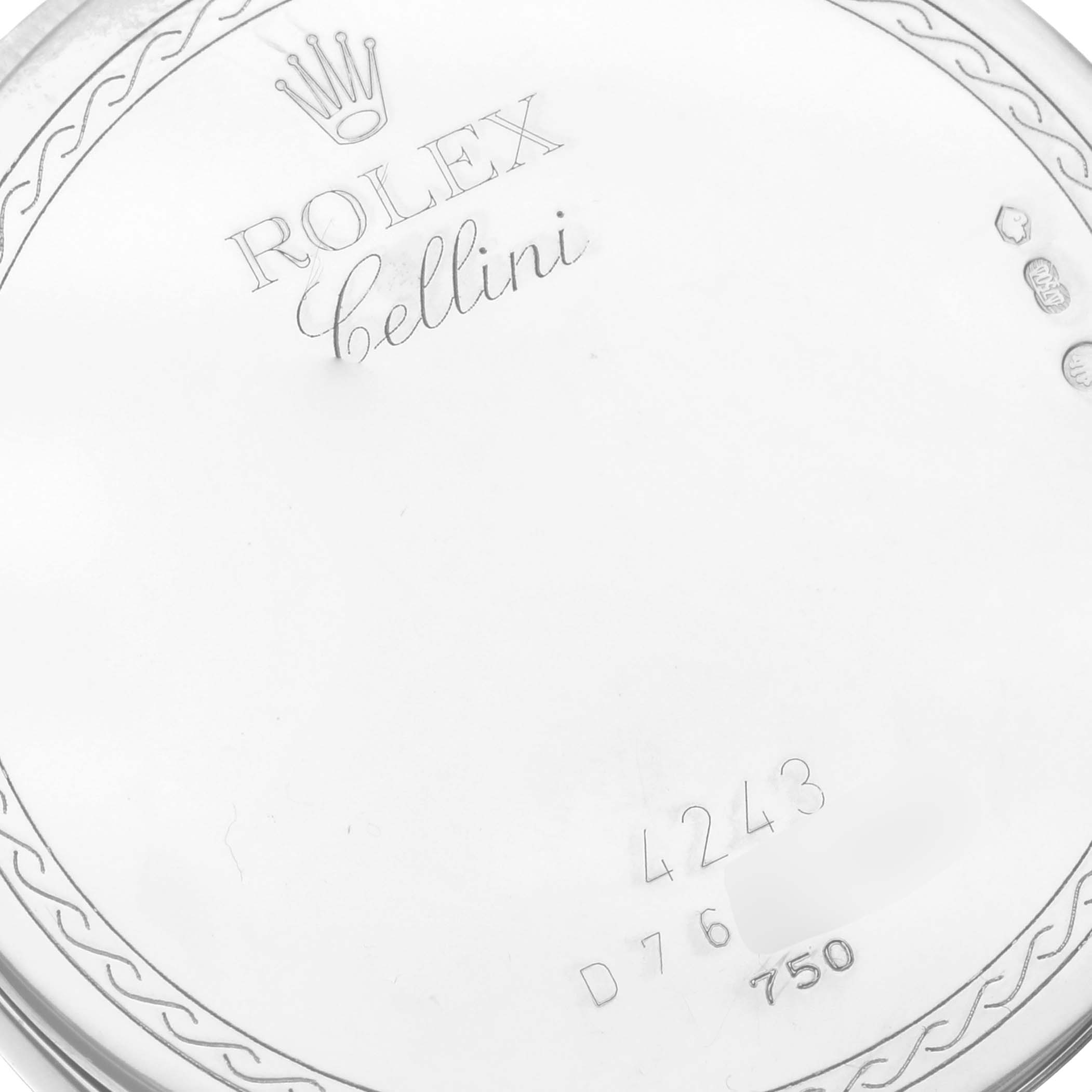 This image shows the engraved back case of a Rolex Cellini 4243 Men's White Gold White Dial 4243 Men's White Gold White Dial watch with the brand and model name visible.
