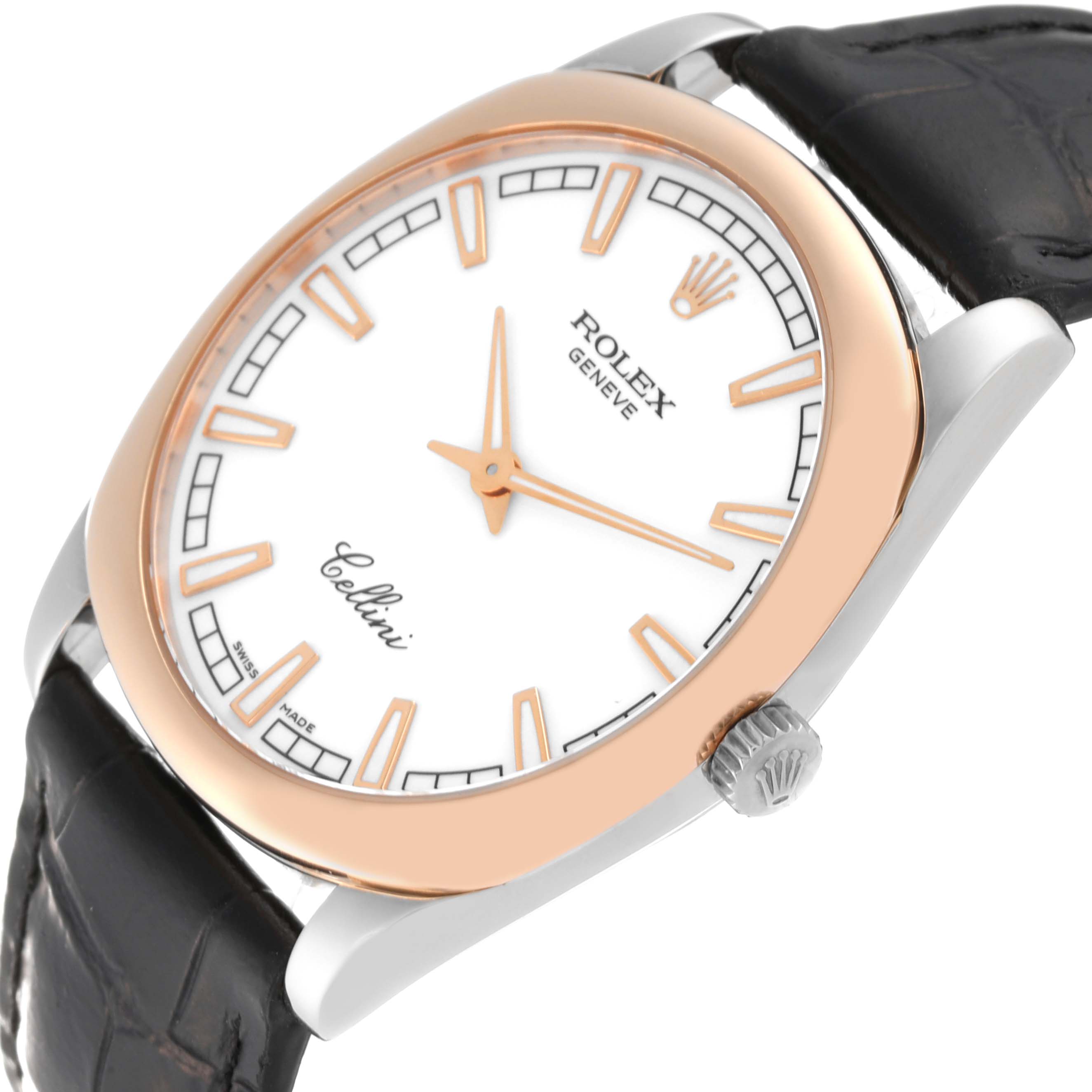 The Rolex Cellini 4243 Men's White Gold White Dial 4243 Men's White Gold White Dial watch is shown from a front angle, highlighting the dial, bezel, crown, and leather strap.