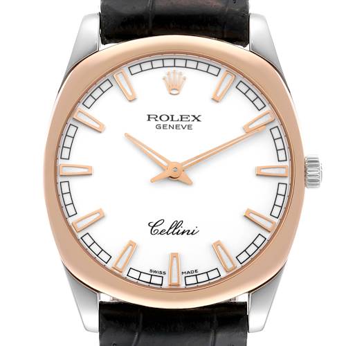 The Rolex Cellini watch is shown from a front angle, displaying its face, bezel, and leather strap attachment.