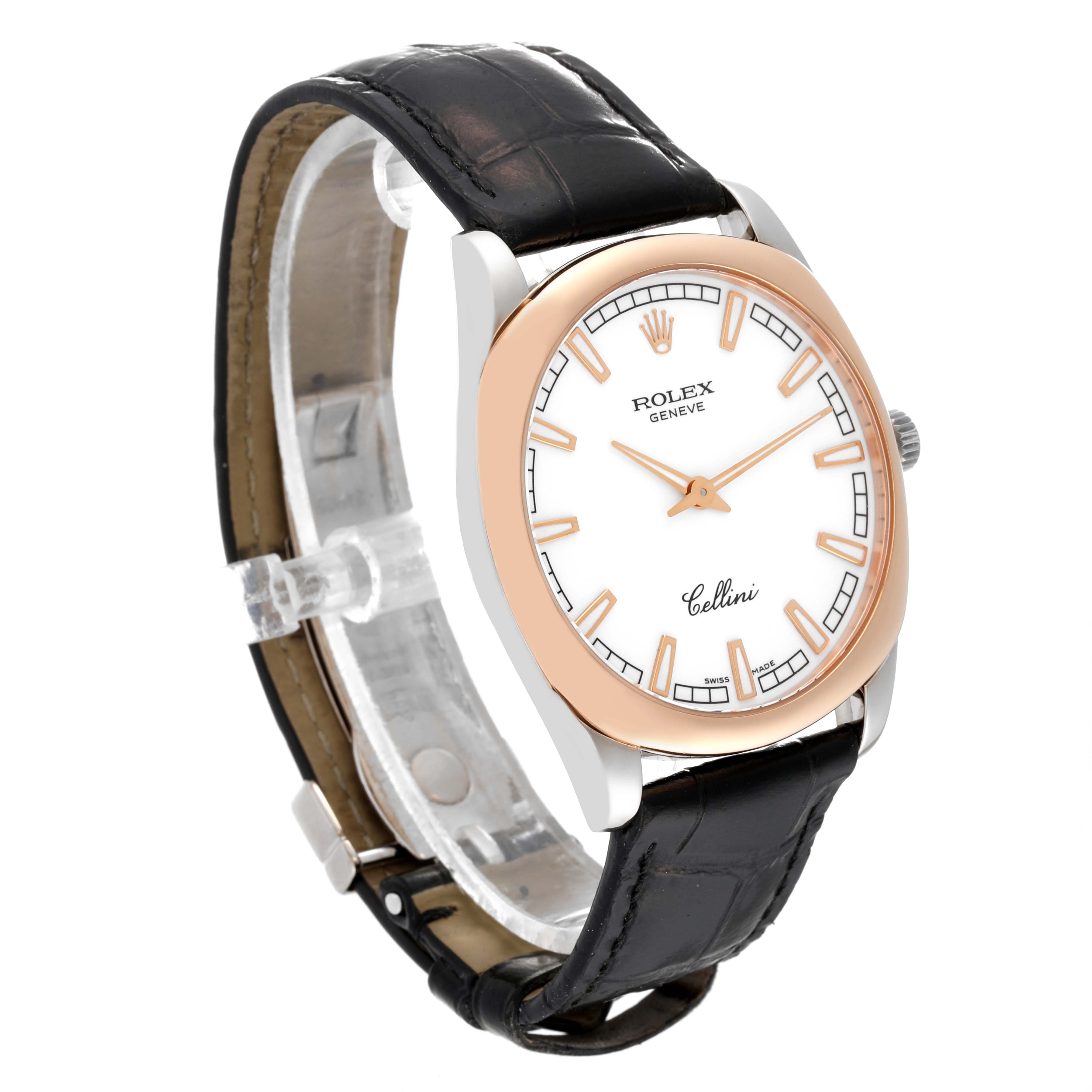 The Rolex Cellini 4243 Men's White Gold White Dial 4243 Men's White Gold White Dial watch is shown at a slight angle, displaying the face, bezel, strap, and crown.