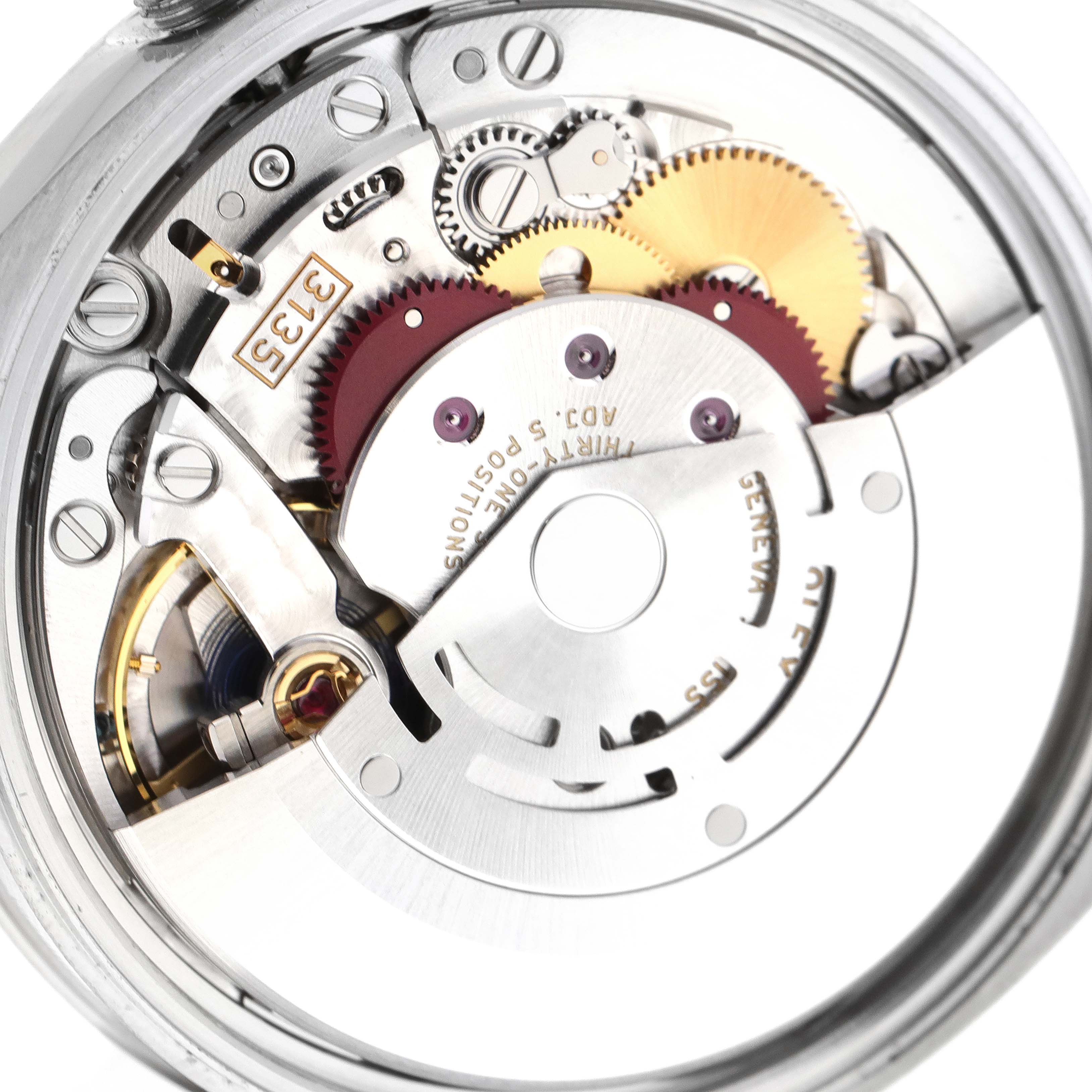 This image shows the internal mechanical movement of the Rolex Date 115234 Men's Stainless Steel Black Dial 115234 Men's Stainless Steel Black Dial model watch from a top-down angle.