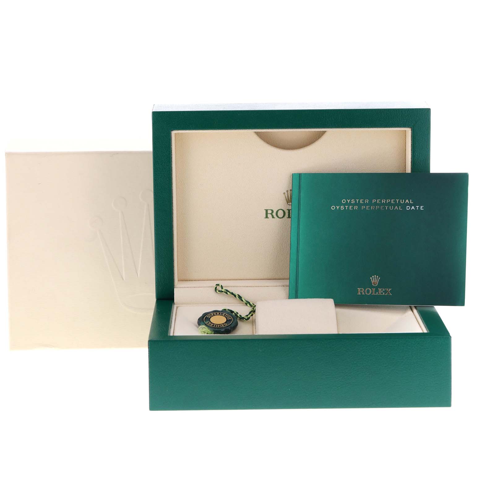 The image shows the packaging of a Rolex Date 115234 Men's Stainless Steel Black Dial 115234 Men's Stainless Steel Black Dial model watch, including the box, tag, and booklet.