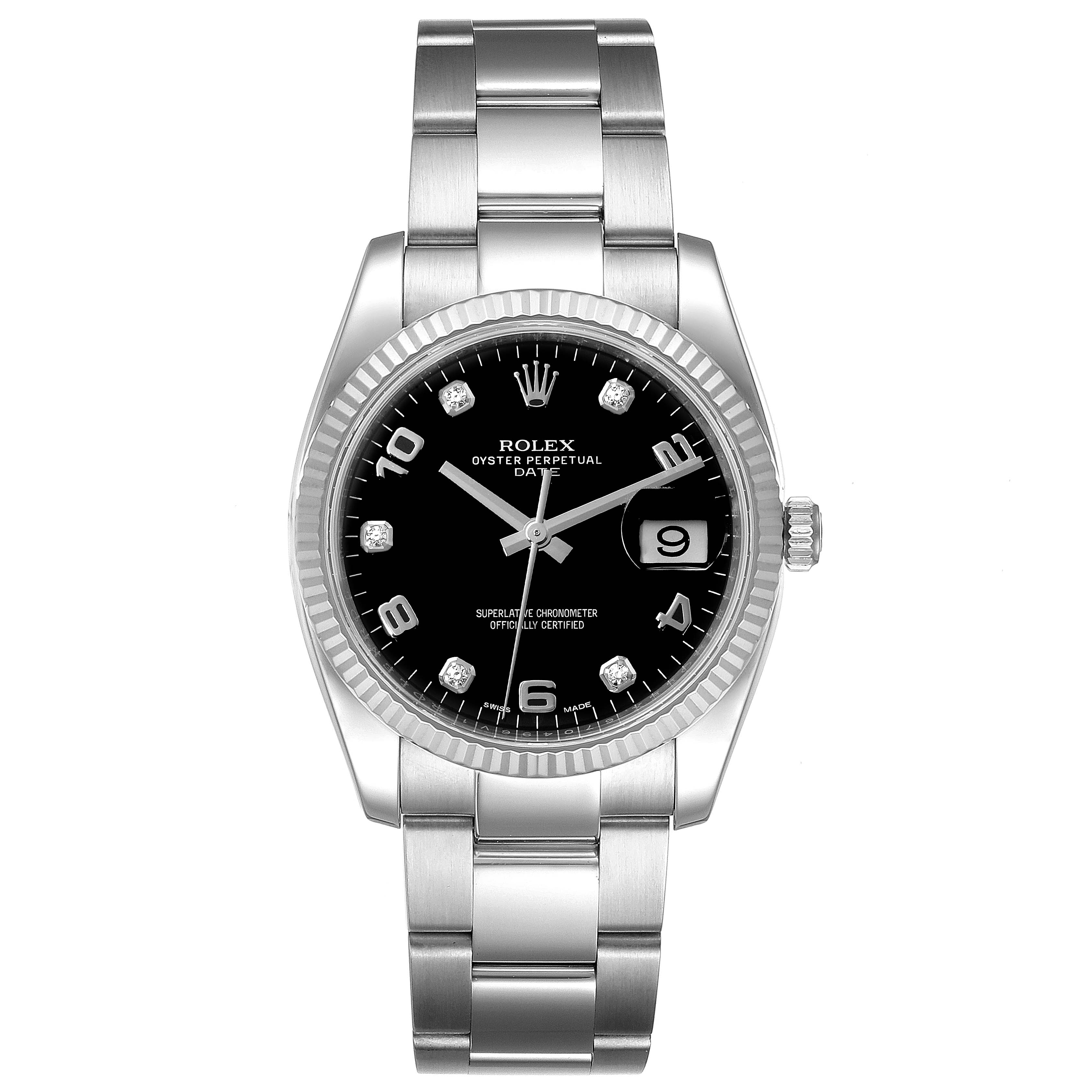 The image shows a Rolex Date 115234 Men's Stainless Steel Black Dial 115234 Men's Stainless Steel Black Dial model watch from a front angle, displaying its dial, bezel, crown, and bracelet.