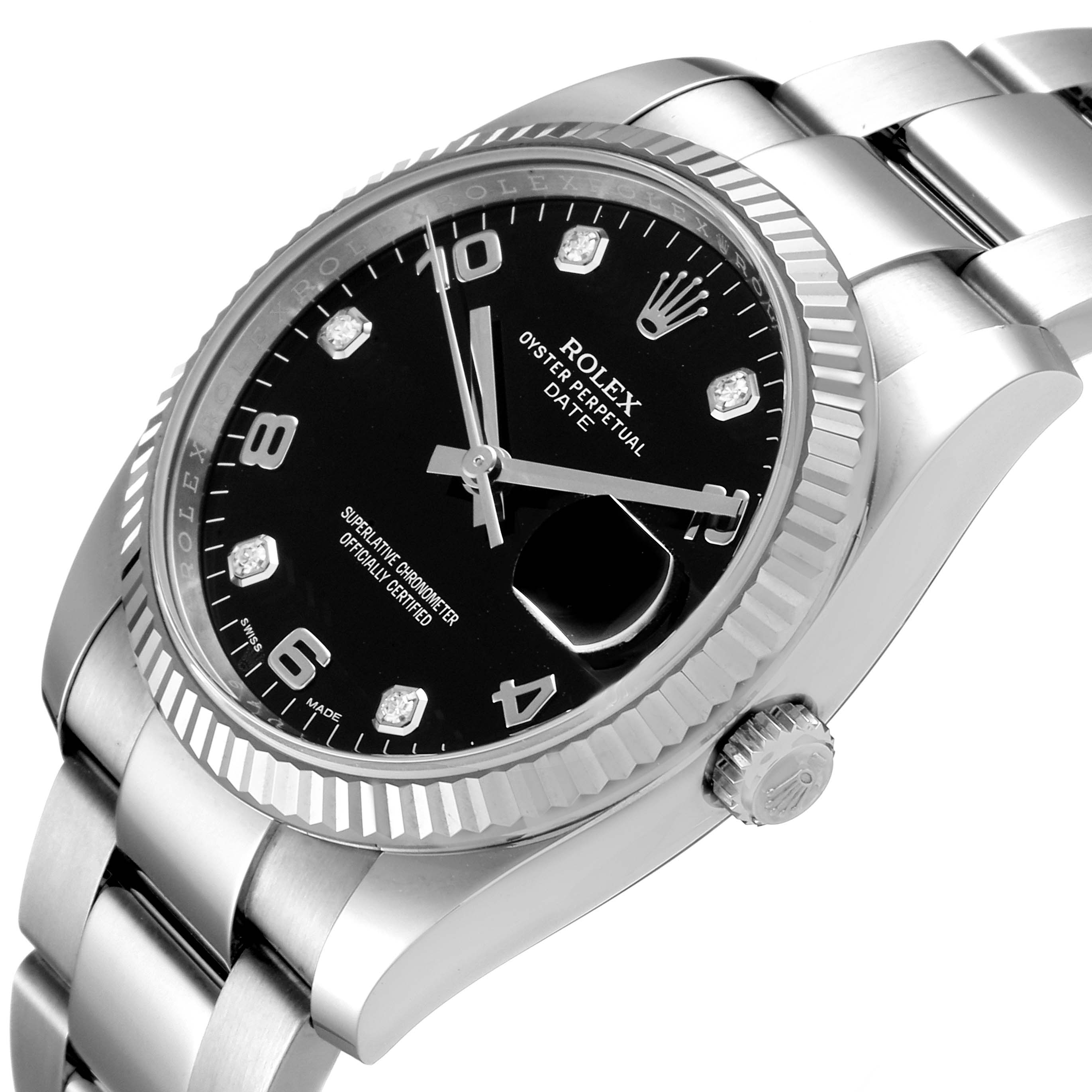 This image shows the face, bezel, crown, and bracelet of a Rolex Date 115234 Men's Stainless Steel Black Dial 115234 Men's Stainless Steel Black Dial model watch, angled slightly from the front.