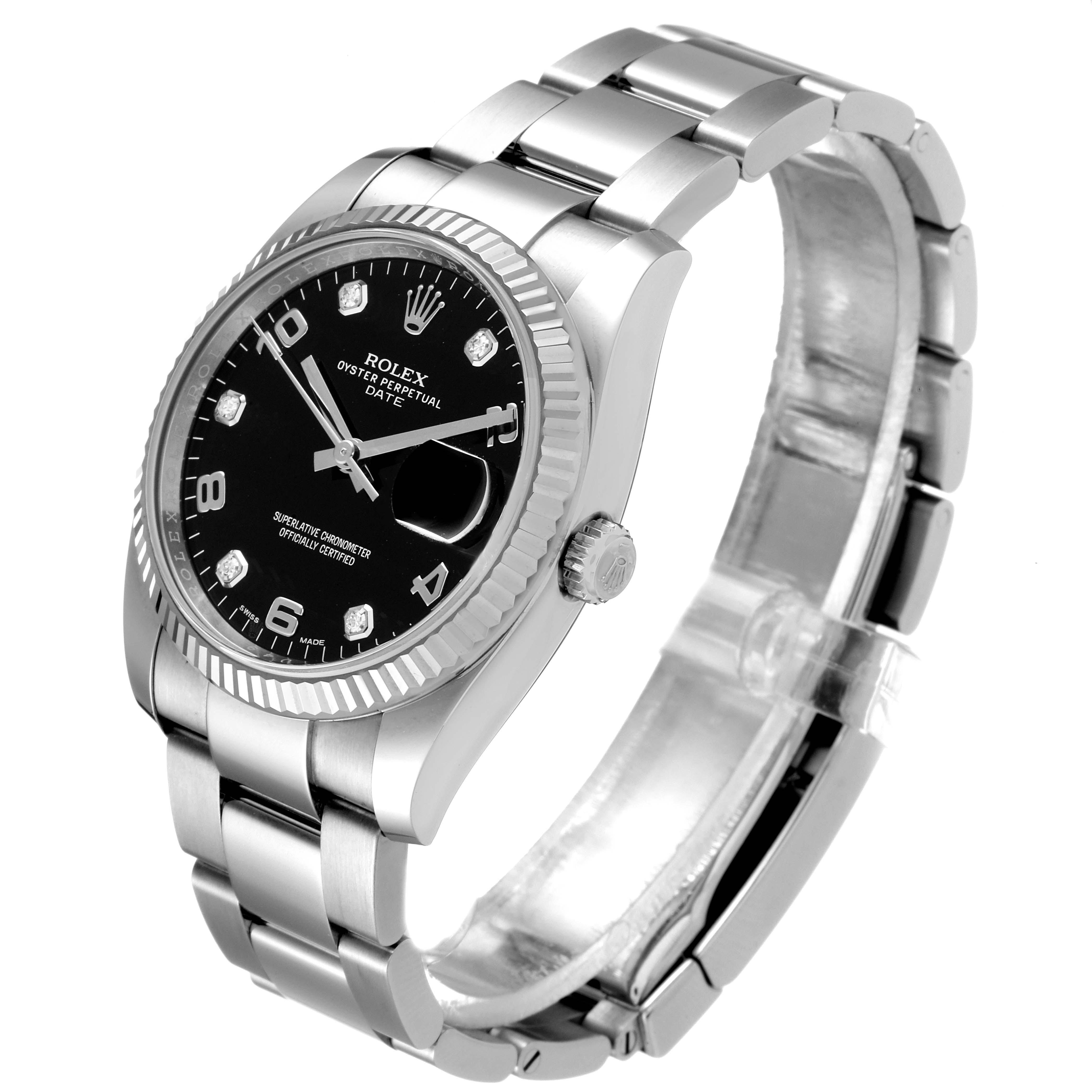 The image shows a Rolex Oyster Perpetual Date model watch at a slight angle, displaying the face, bezel, and bracelet.
