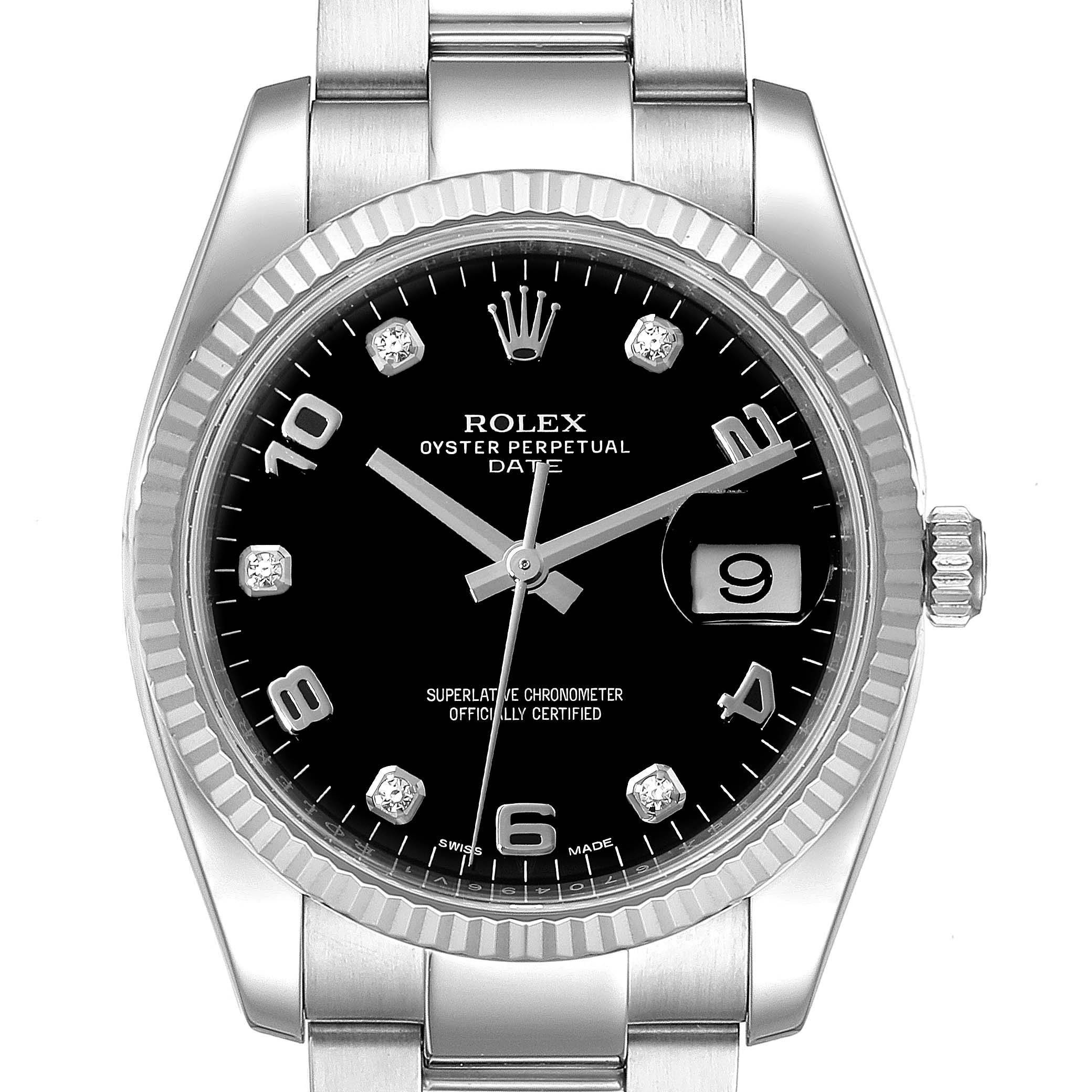 This image shows a front view of the Rolex Oyster Perpetual Date watch, highlighting its black dial, date window, and stainless steel bracelet.