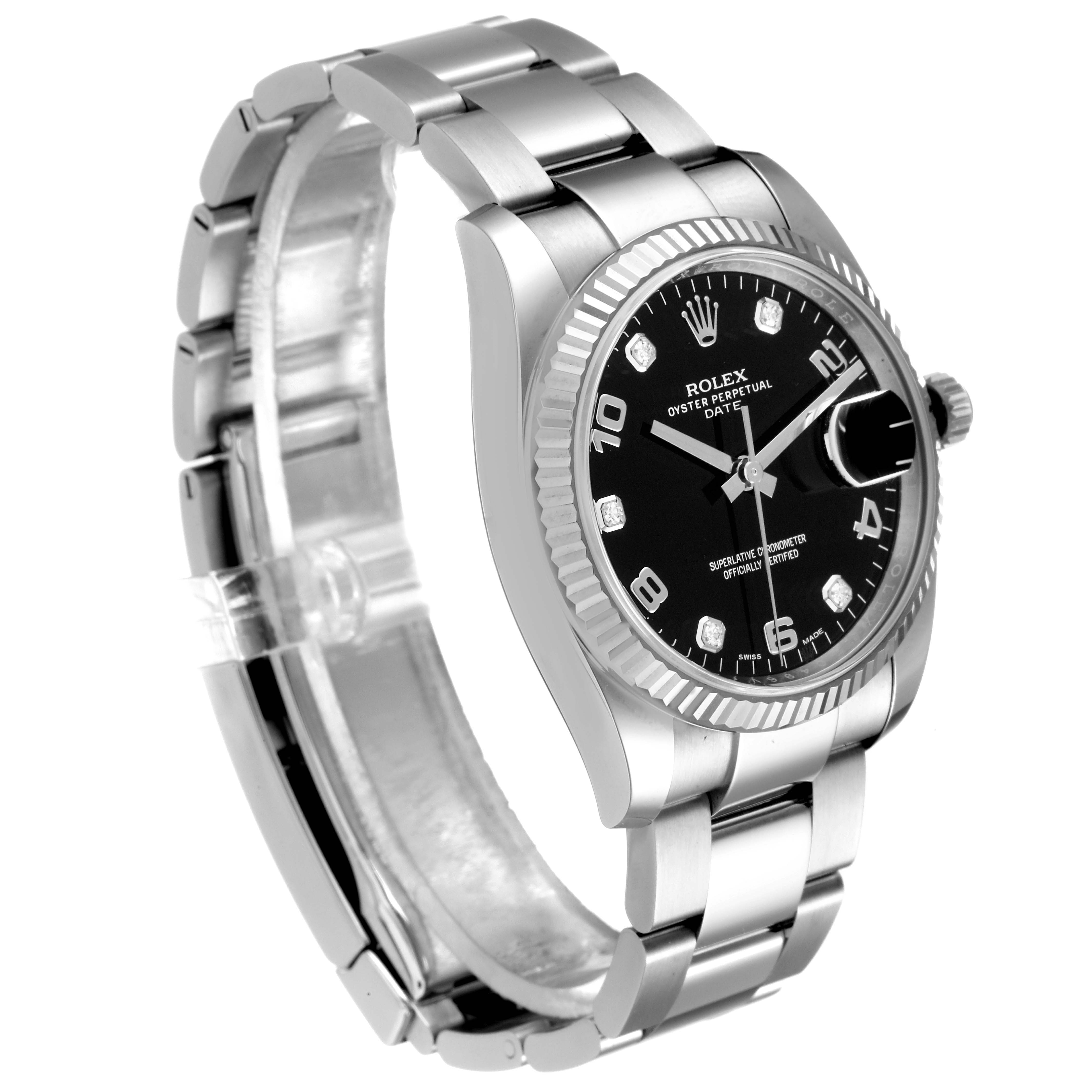 The image shows a Rolex Date 115234 Men's Stainless Steel Black Dial 115234 Men's Stainless Steel Black Dial model watch from an angled side view, highlighting its bracelet, bezel, and black dial.