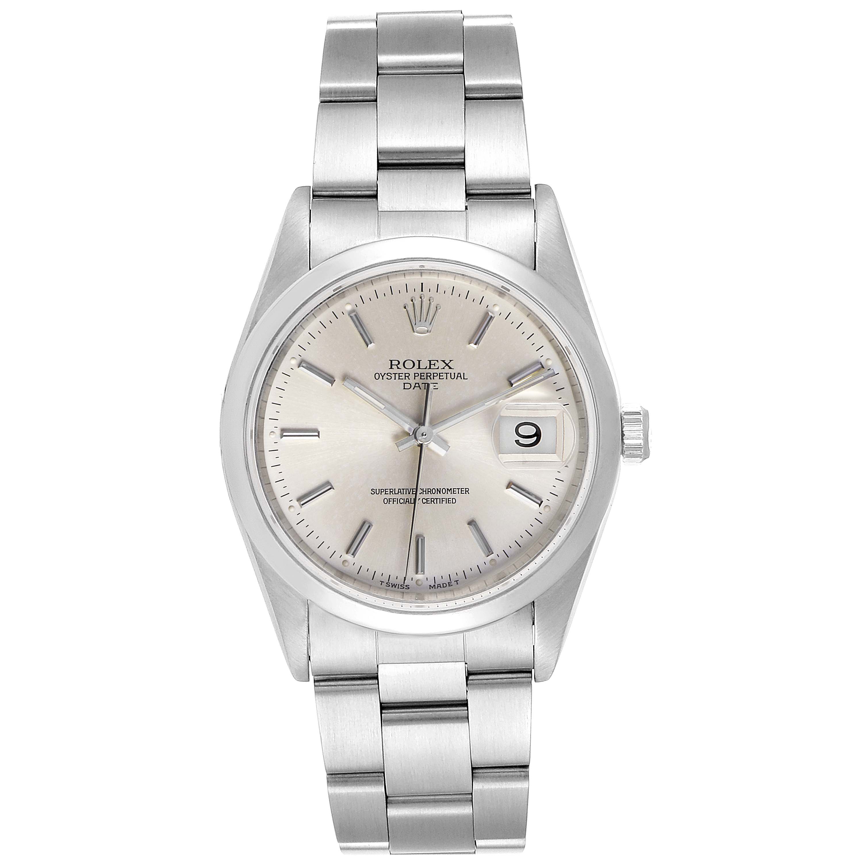 The image shows a front view of a Rolex Date 15200 Men's Stainless Steel Silver Dial 15200 Men's Stainless Steel Silver Dial model watch, displaying the dial, hands, date window, and stainless steel bracelet.