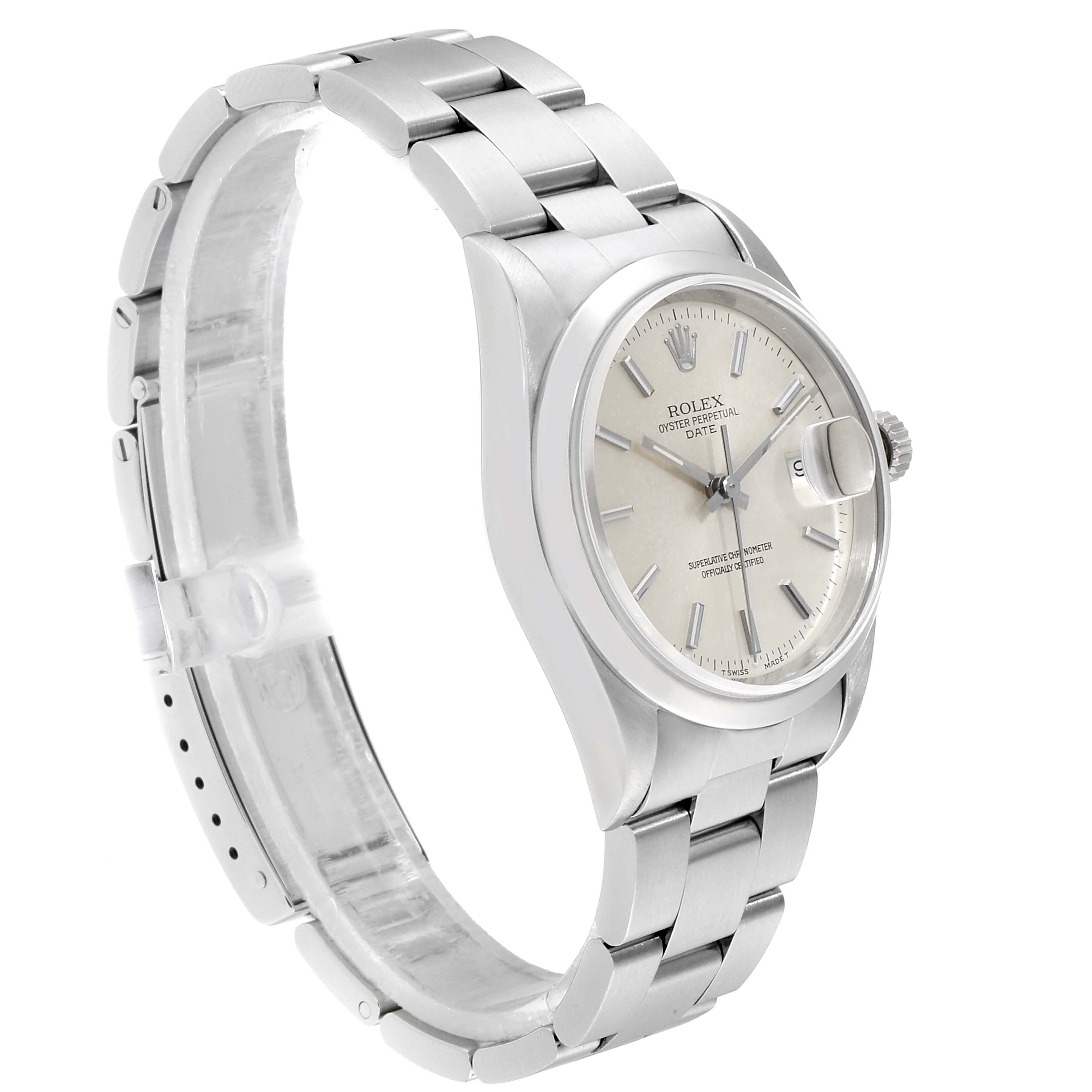 The image shows a side angle of a Rolex Date 15200 Men's Stainless Steel Silver Dial 15200 Men's Stainless Steel Silver Dial model watch, featuring the bracelet, case, dial, and date display.