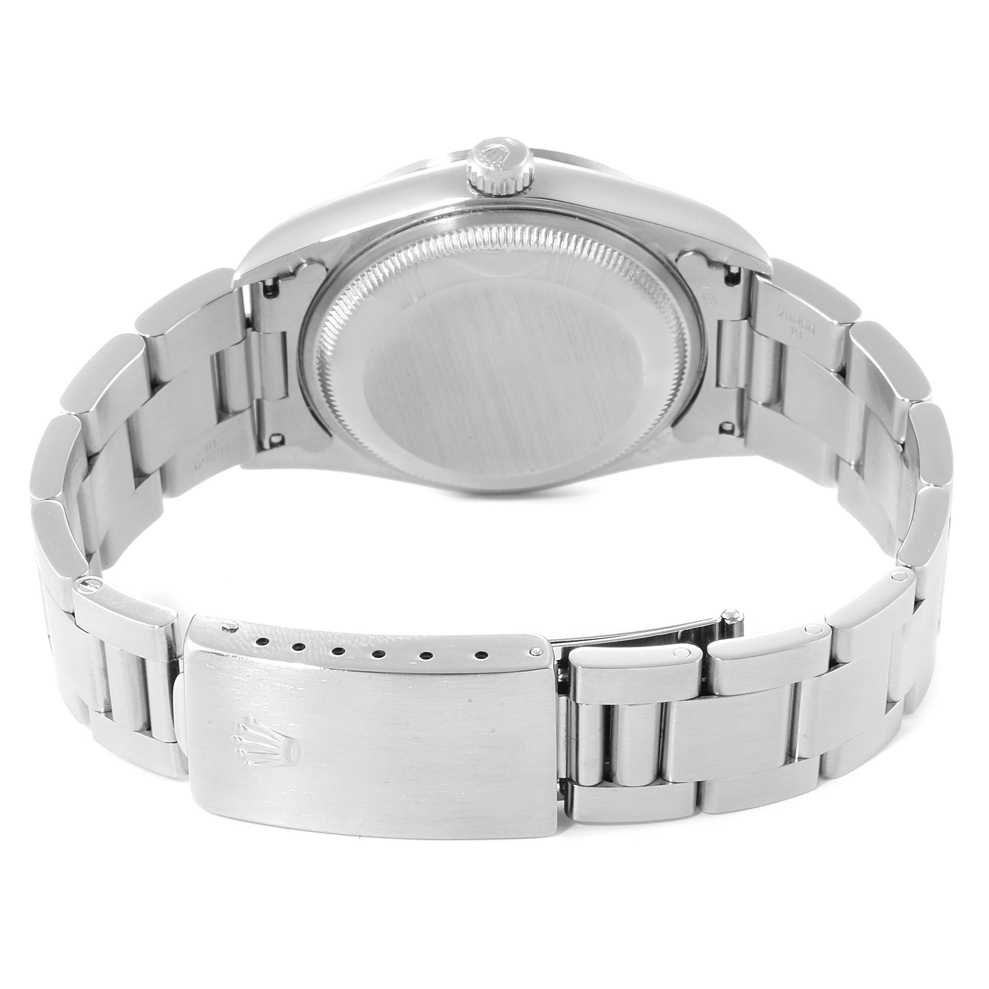 The image shows the back of a Rolex Date 15200 Men's Stainless Steel Silver Dial 15200 Men's Stainless Steel Silver Dial model watch, including the case back, crown, and clasp of the bracelet.