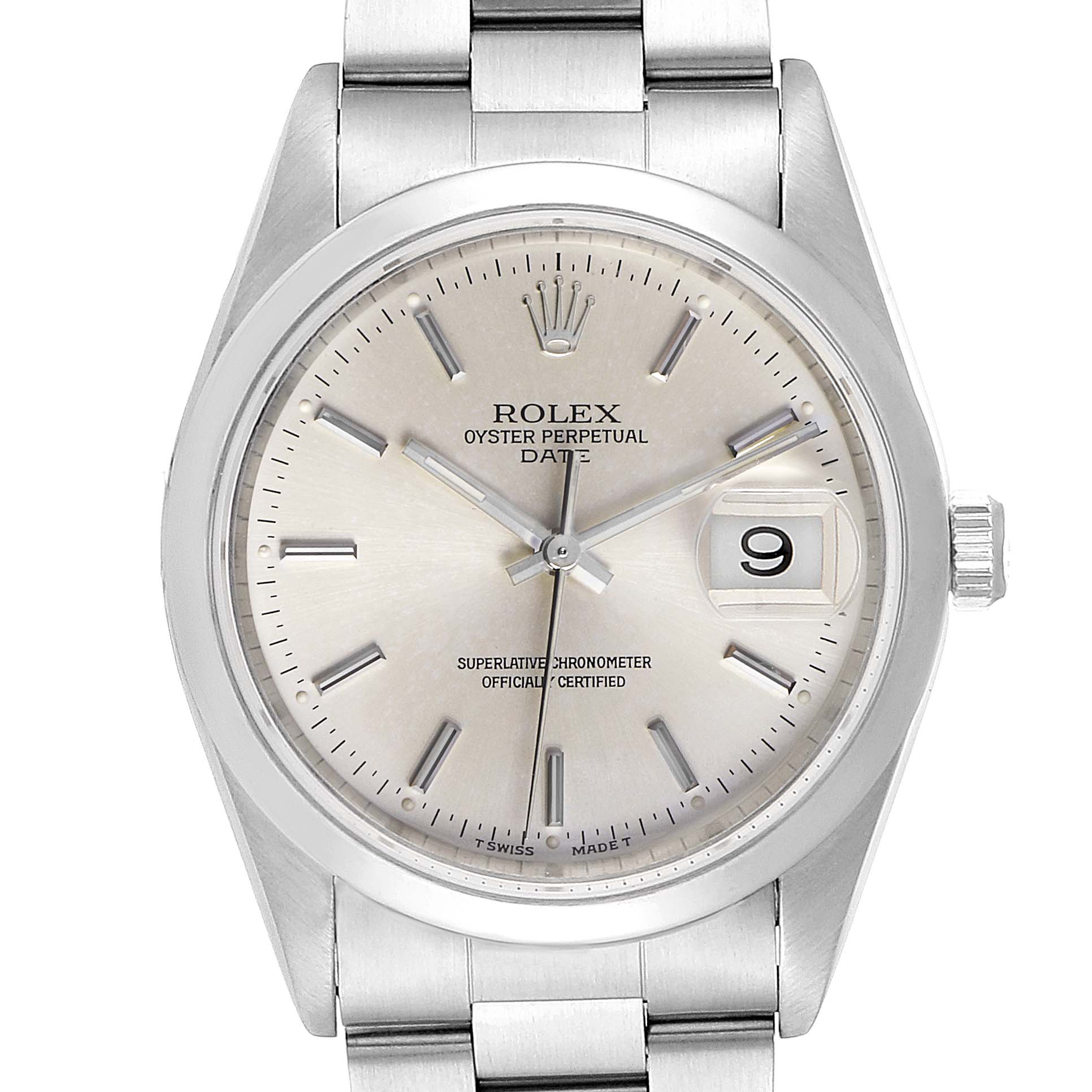 The image shows a front view of the Rolex Date 15200 Men's Stainless Steel Silver Dial 15200 Men's Stainless Steel Silver Dial model, displaying the watch face, dial, crown, and part of the bracelet.