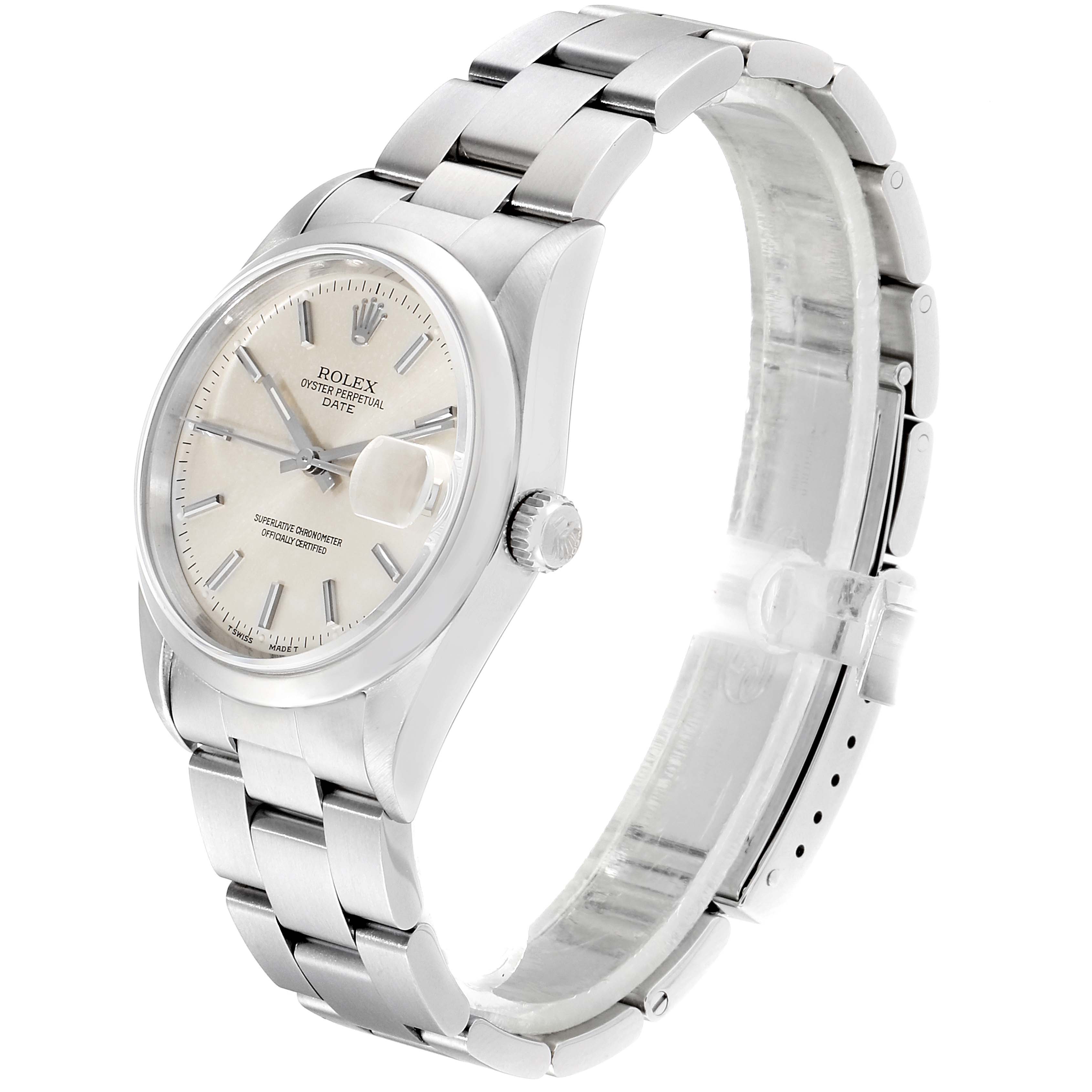 This image shows a side angle view of a Rolex Date 15200 Men's Stainless Steel Silver Dial 15200 Men's Stainless Steel Silver Dial model watch, including the dial, case, bracelet, and crown.