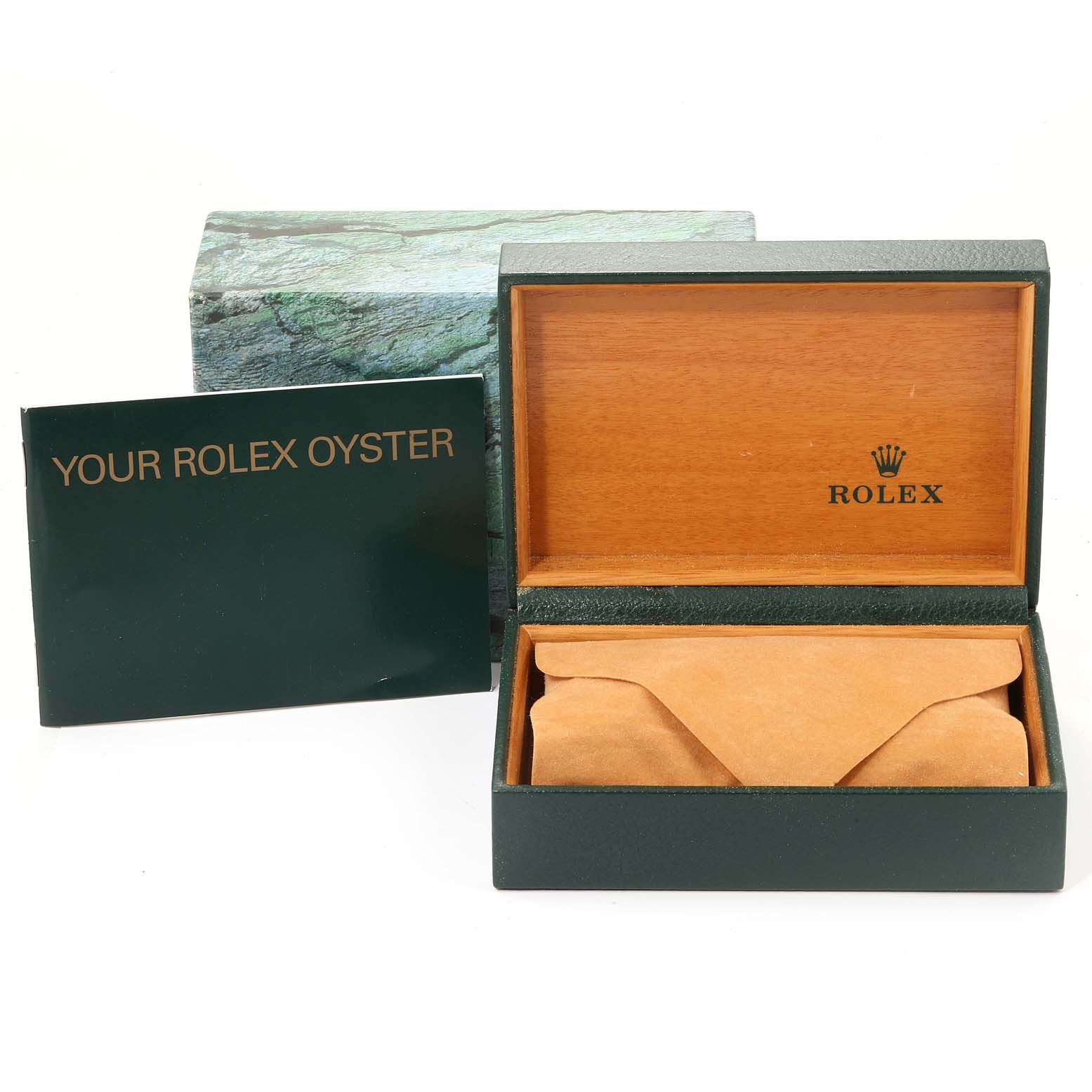 The image shows a Rolex Date 15200 Men's Stainless Steel Silver Dial 15200 Men's Stainless Steel Silver Dial watch box, an outer box, and a "Your Rolex Oyster" booklet.