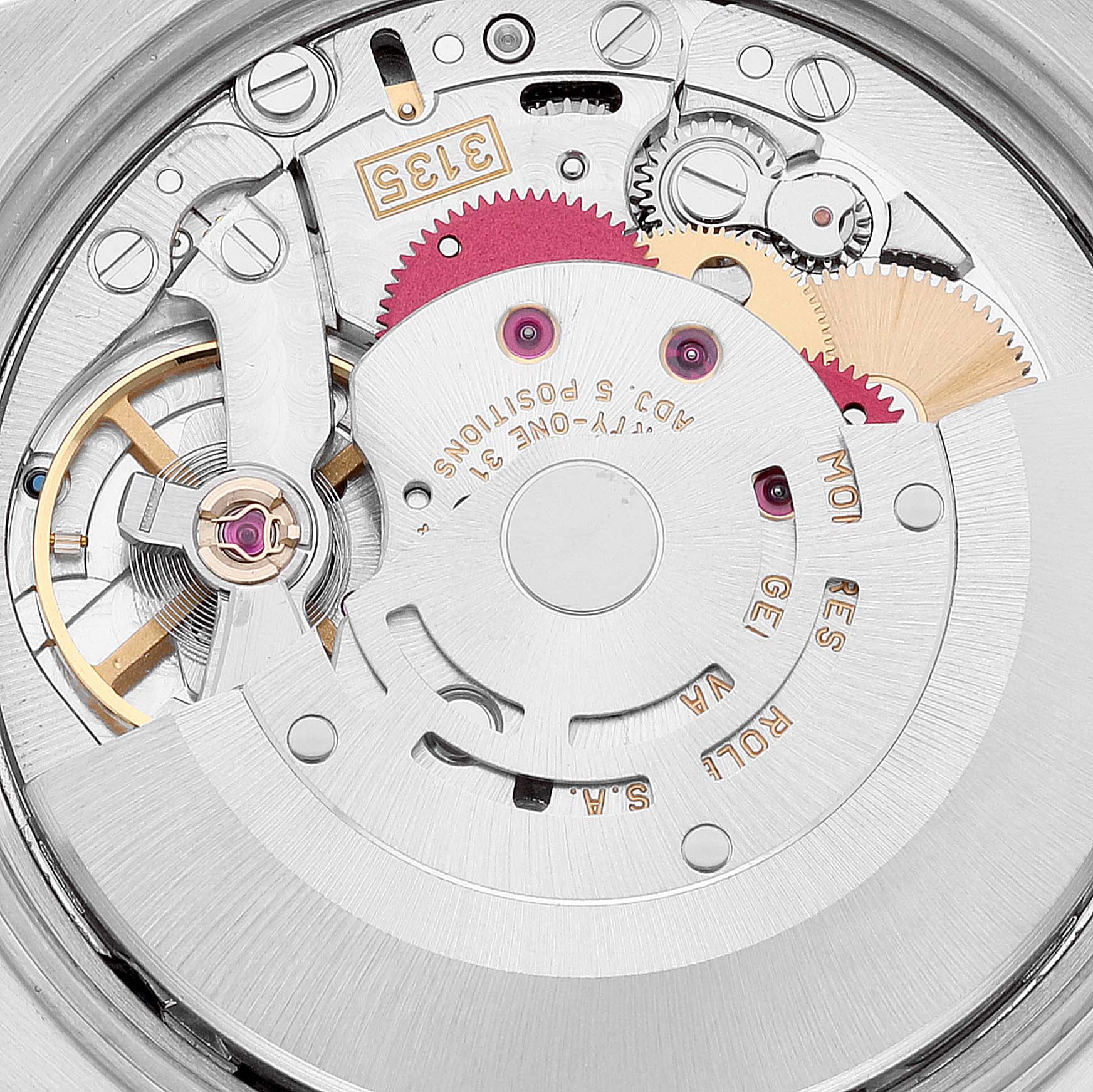 This image shows a close-up view of the Rolex Date 15200 Men's Stainless Steel Silver Dial 15200 Men's Stainless Steel Silver Dial model watch movement and internal mechanisms.