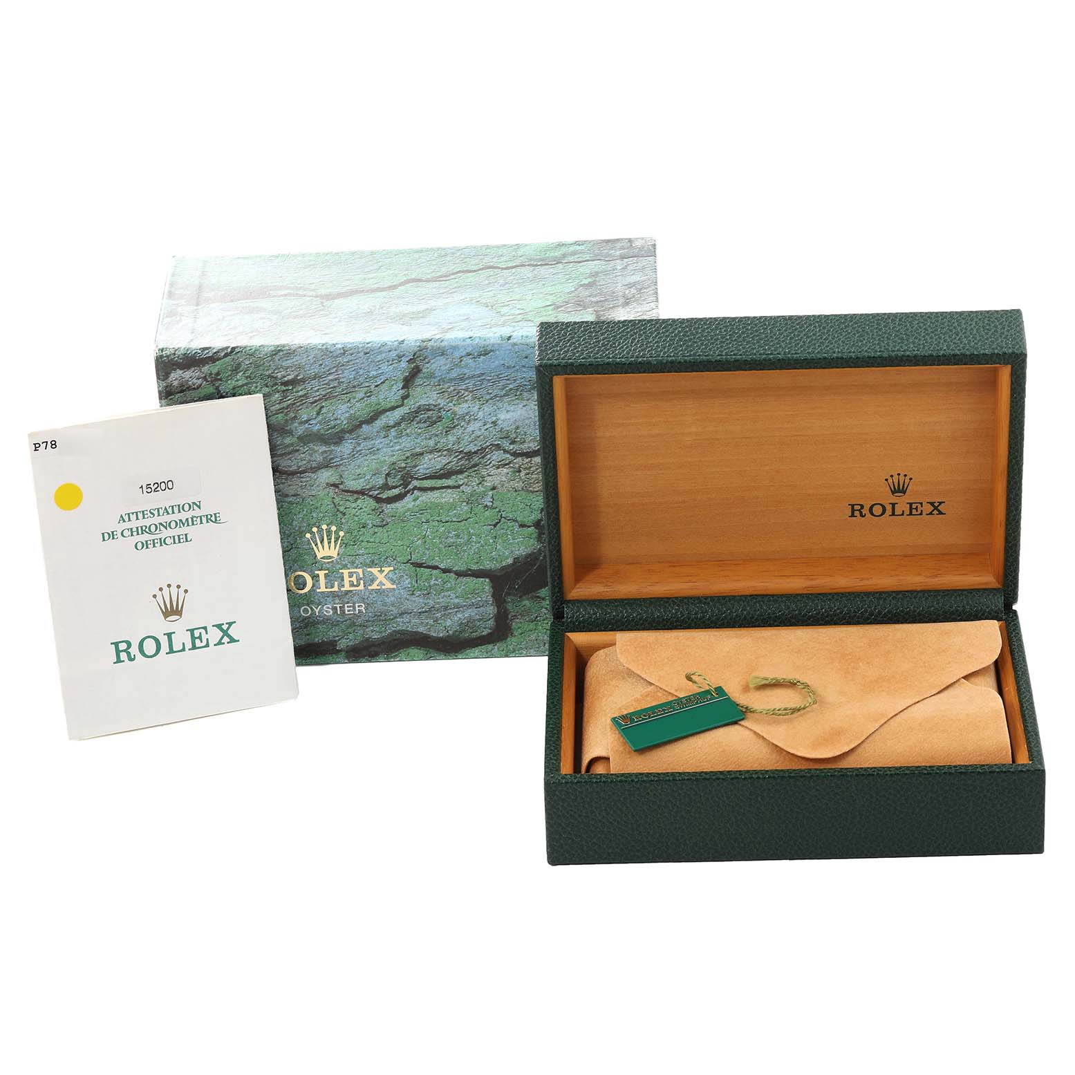 The image shows the packaging of a Rolex Date 15200 Men's Stainless Steel Silver Dial 15200 Men's Stainless Steel Silver Dial model watch, including the box, warranty card, and a protective pouch.