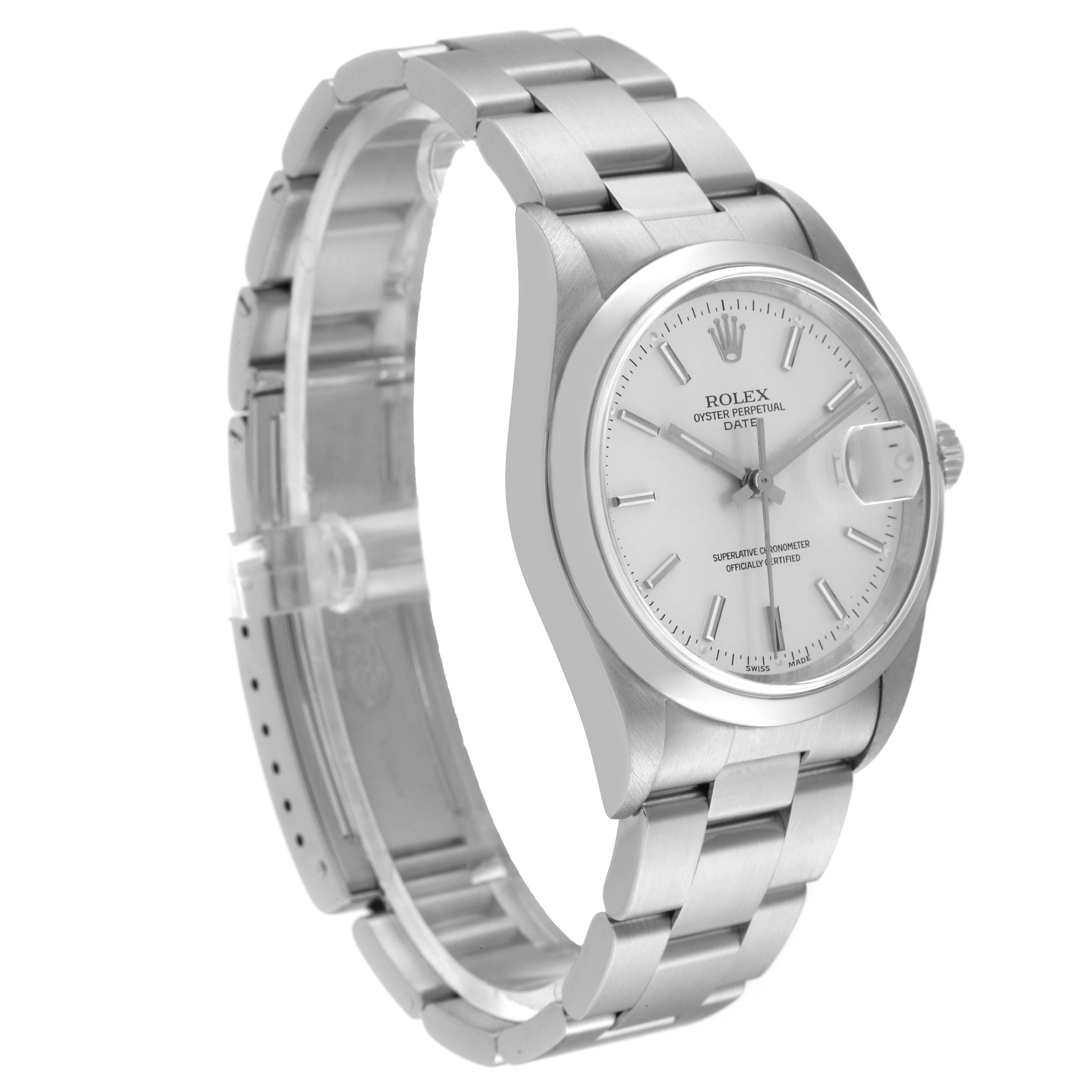 This image shows a side-angle view of a Rolex Date 15200 Men's Stainless Steel Silver Dial 15200 Men's Stainless Steel Silver Dial model watch, highlighting its dial, bezel, and bracelet.