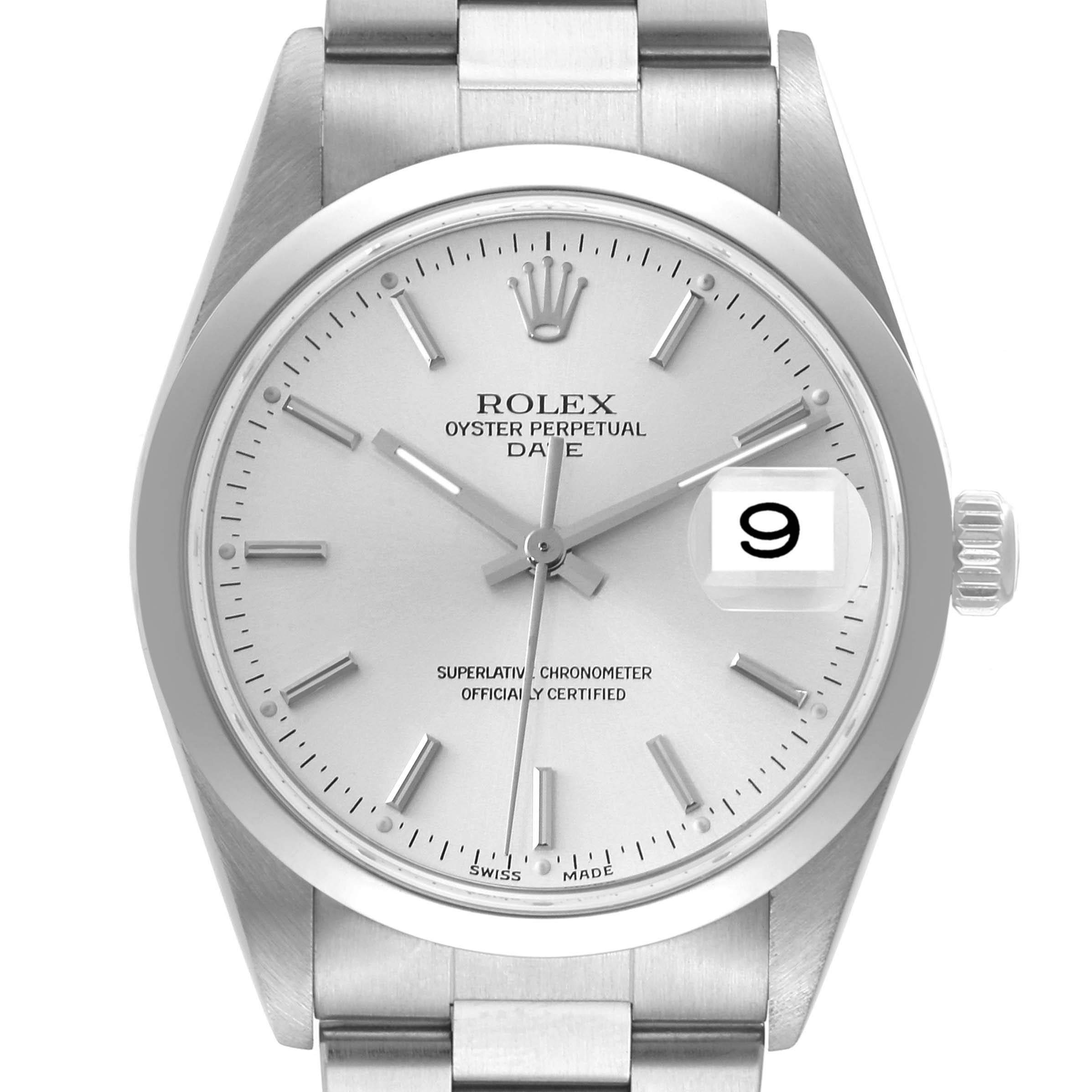 The image shows a frontal view of a Rolex Oyster Perpetual Date model watch, displaying its dial and part of the bracelet.