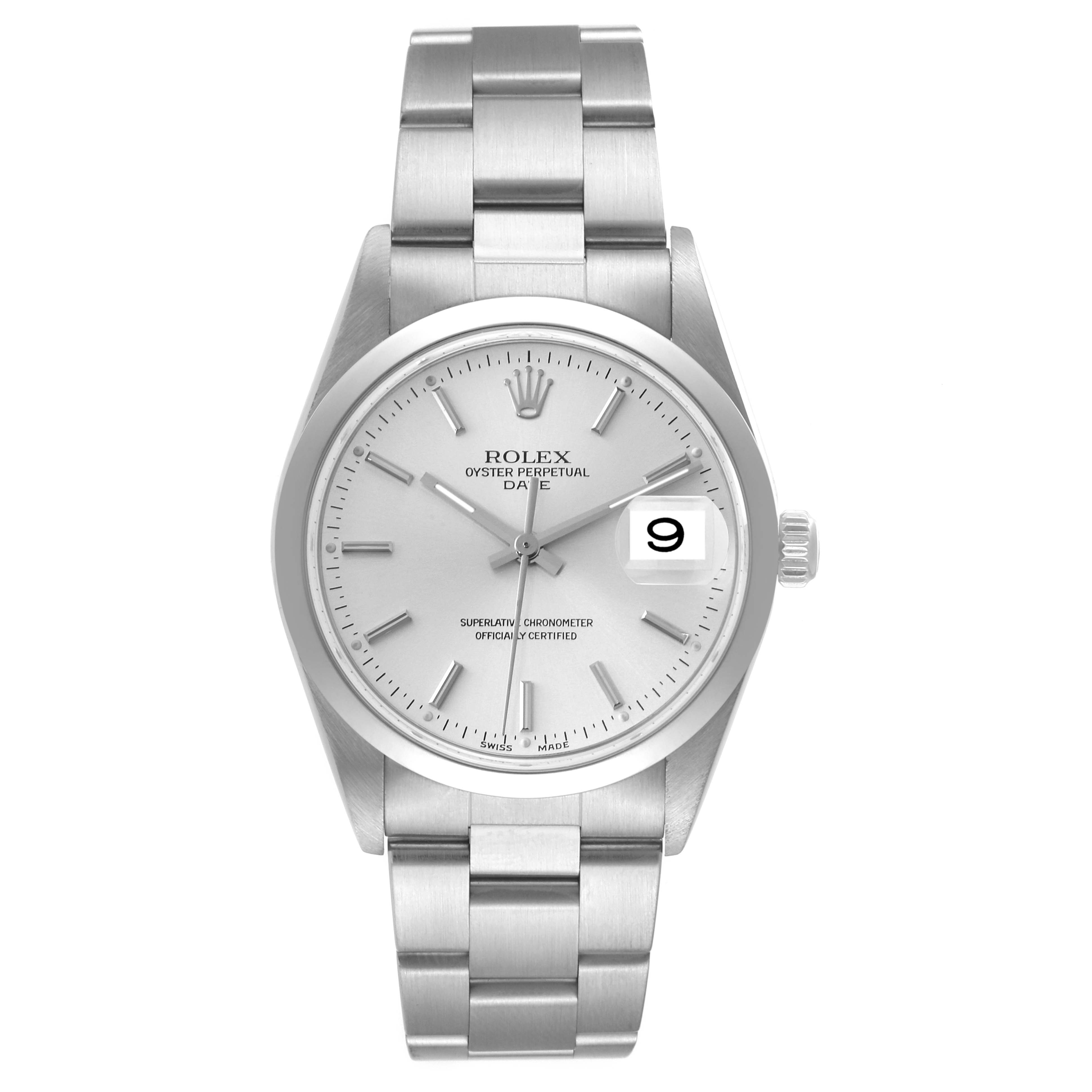 This image showcases a front view of a Rolex Date 15200 Men's Stainless Steel Silver Dial 15200 Men's Stainless Steel Silver Dial model watch, highlighting the dial, bracelet, and date window.