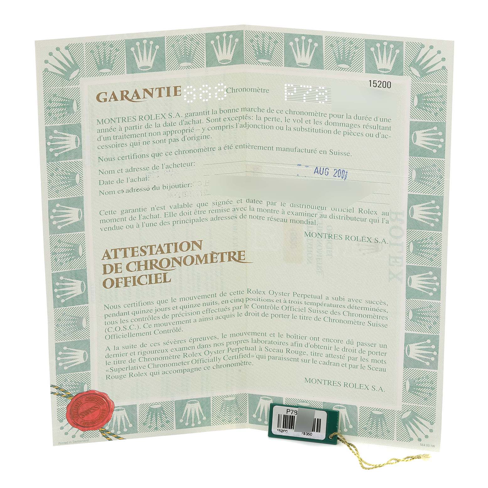 The image shows the warranty and certification papers for a Rolex Date 15200 Men's Stainless Steel Silver Dial 15200 Men's Stainless Steel Silver Dial watch, including the official chronometer certification.