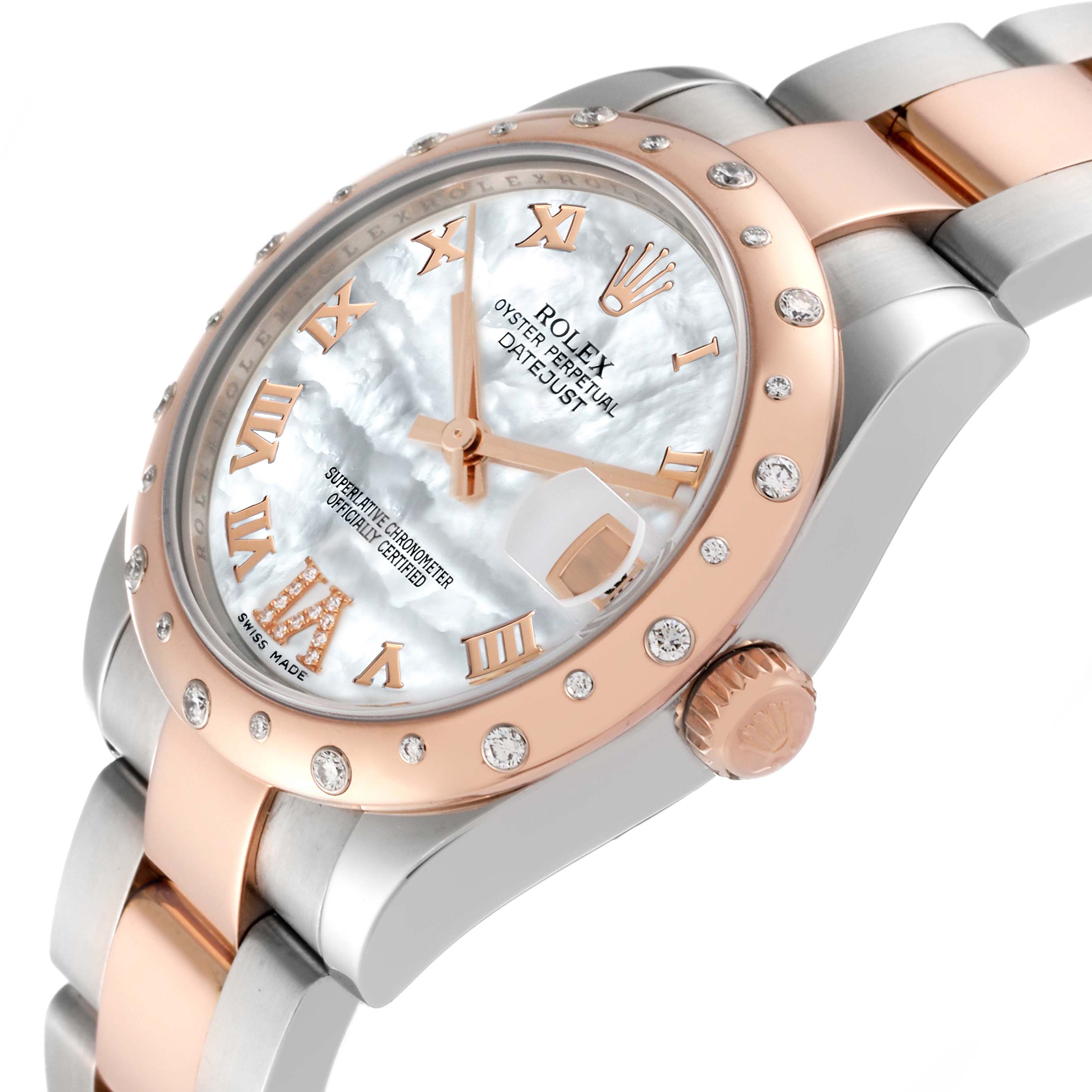 The image shows a side angle of a Rolex Mid-Size 178341 Women's Steel and Gold (two tone) Mother of Pearl Dial 178341 Women's Steel and Gold (two tone) Mother of Pearl Dial Oyster Perpetual Datejust, highlighting the face, bezel, and part of the bracelet.