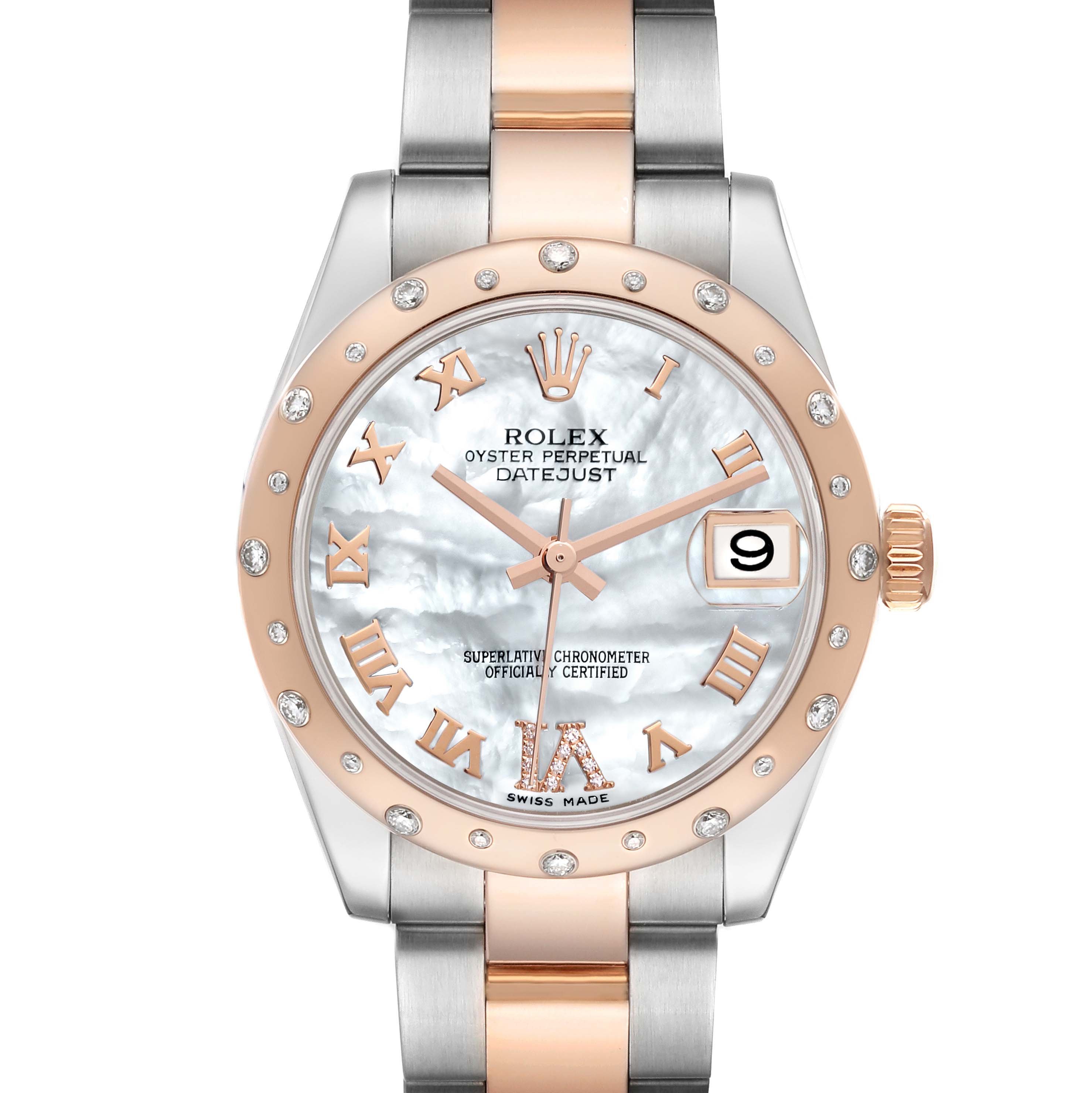 This is a front view of a mid-size Rolex Oyster Perpetual Datejust, showing the face, bezel, crown, and part of the bracelet.