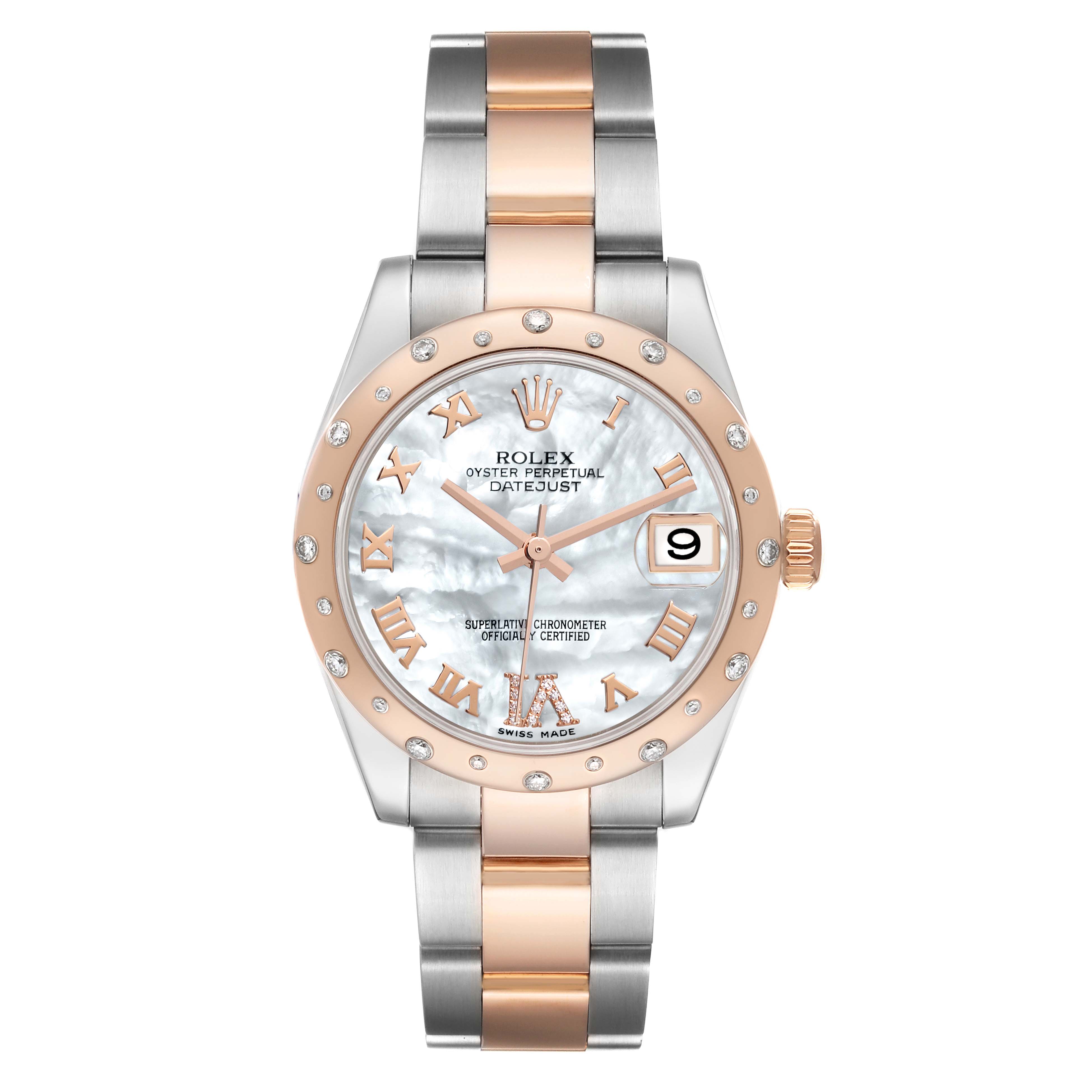 The image shows a front view of a Mid-Size Rolex Oyster Perpetual Datejust watch with a two-tone bracelet and diamond accents.