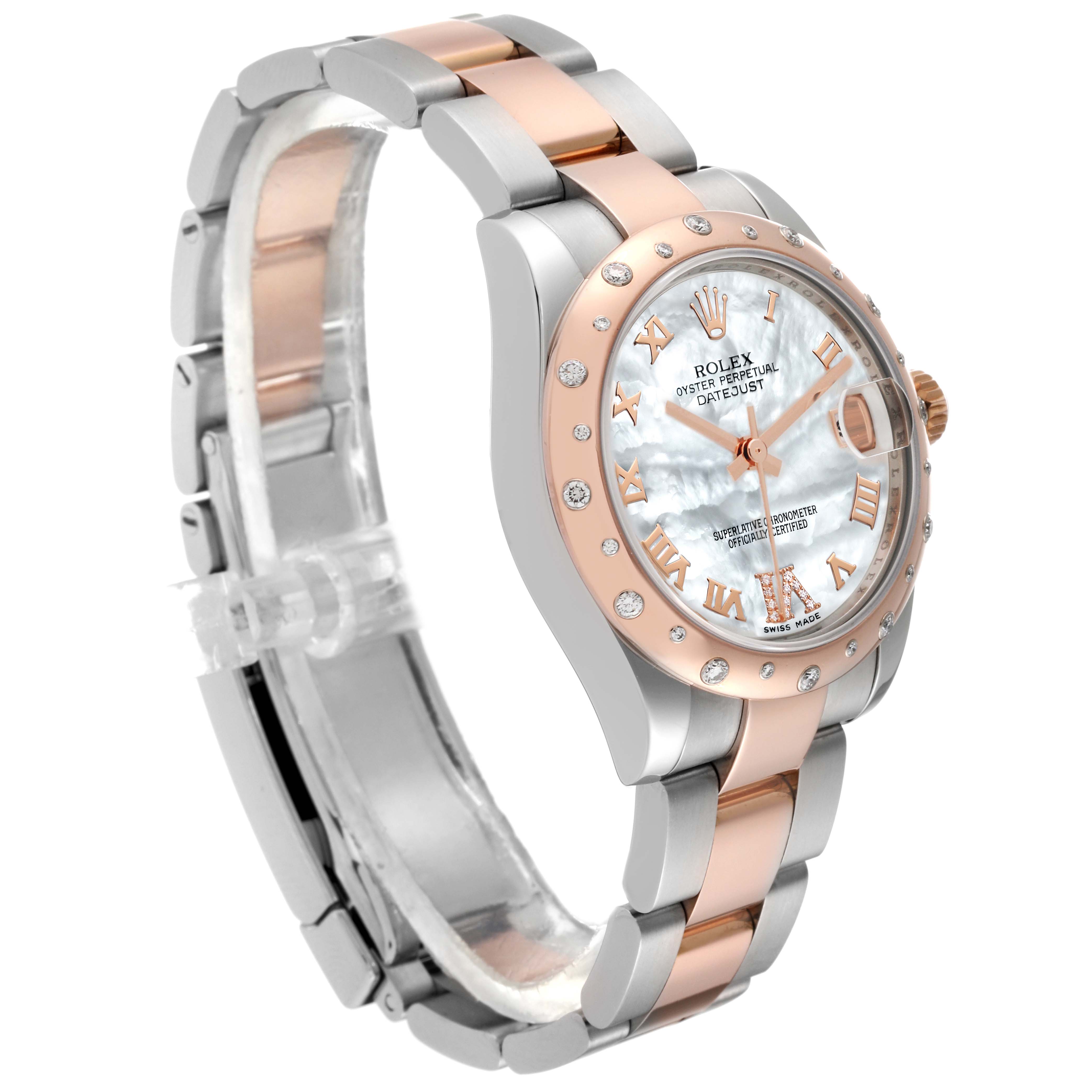 The Rolex Mid-Size 178341 Women's Steel and Gold (two tone) Mother of Pearl Dial 178341 Women's Steel and Gold (two tone) Mother of Pearl Dial model is shown at an angle displaying its face, bezel, and two-tone bracelet.