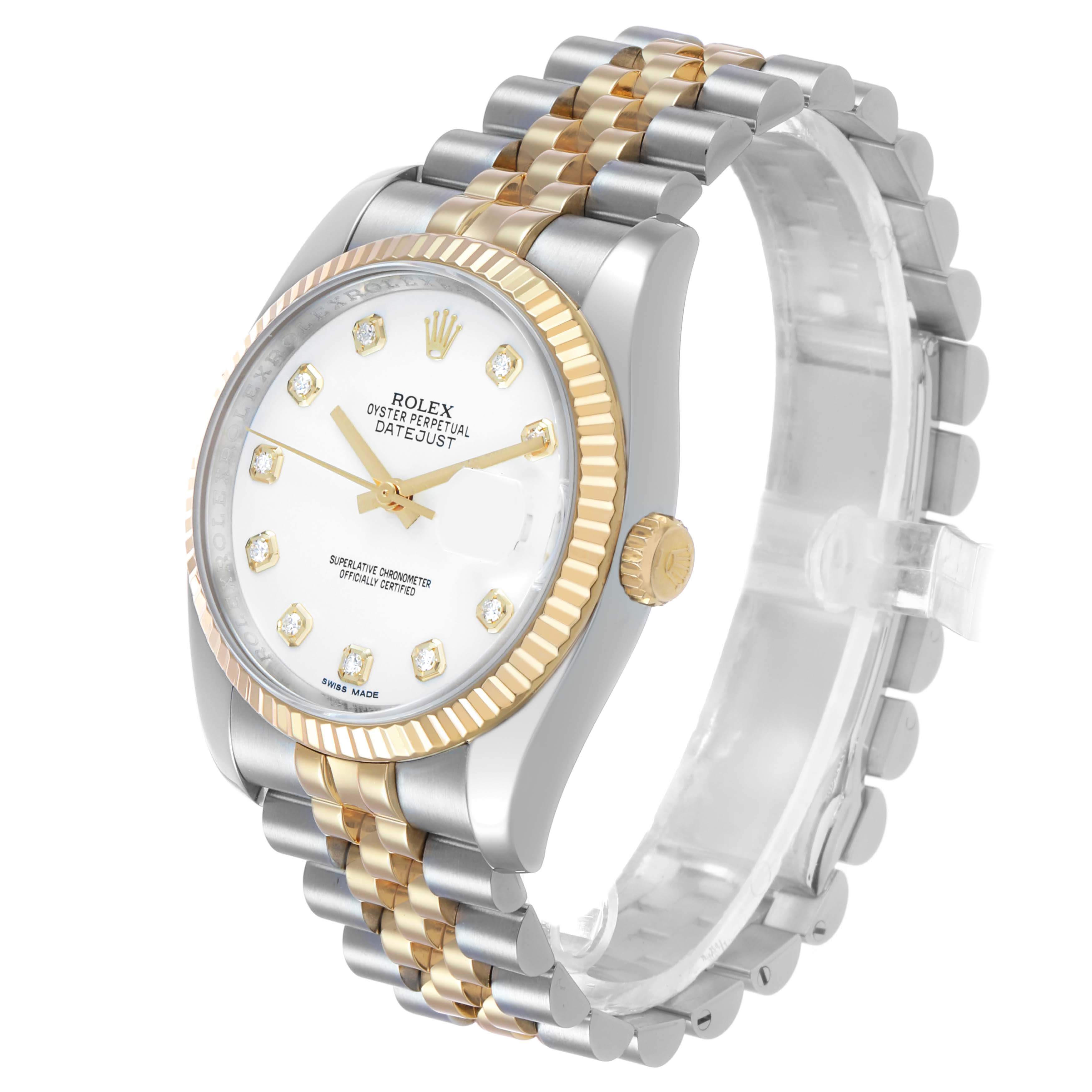 The Rolex Datejust 116233 Men's Steel and Gold (two tone) White Dial watch is shown at an angle displaying the face, bezel, crown, and two-tone bracelet.