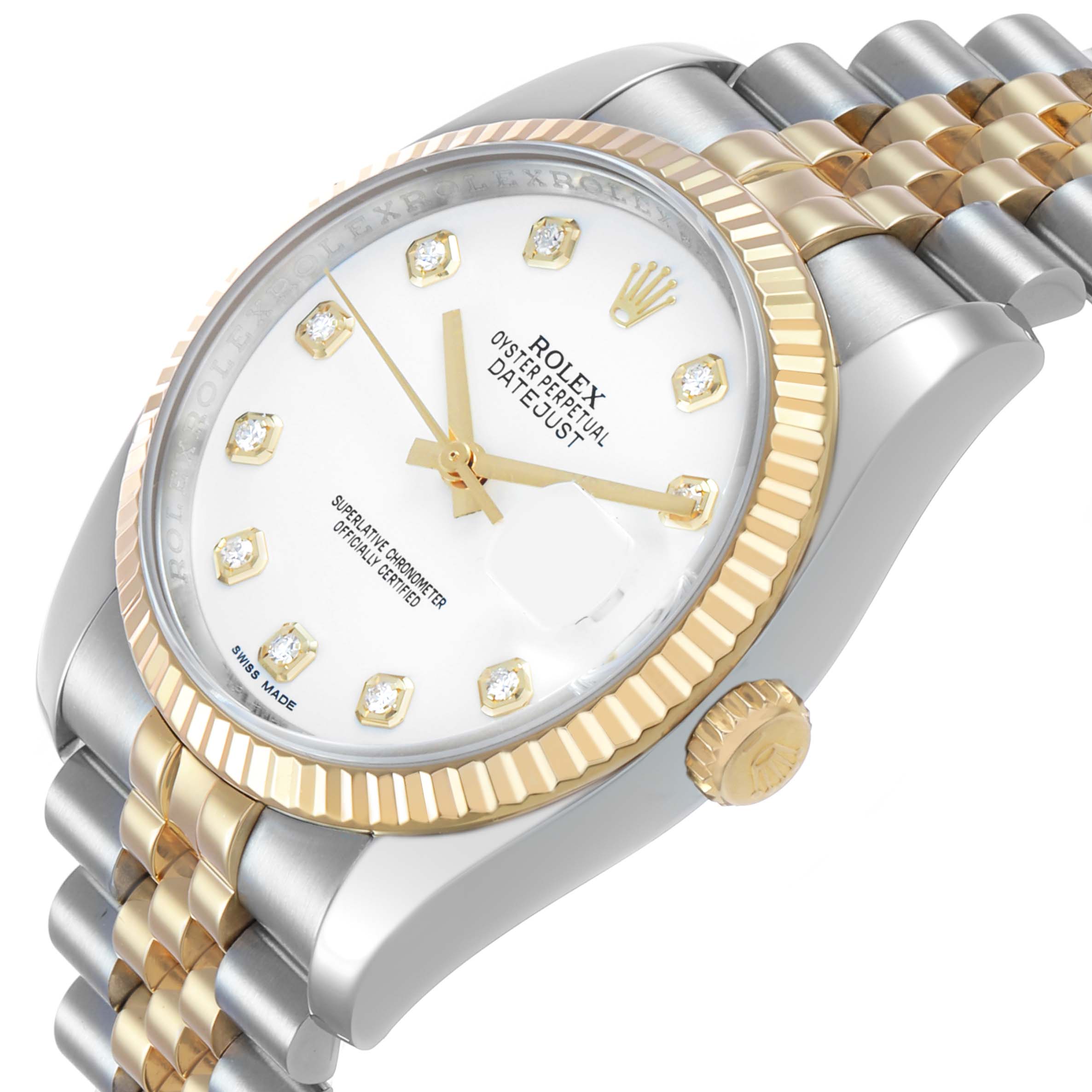 The Rolex Datejust 116233 Men's Steel and Gold (two tone) White Dial watch is shown at an oblique angle, highlighting the bezel, dial, crown, and two-tone bracelet.