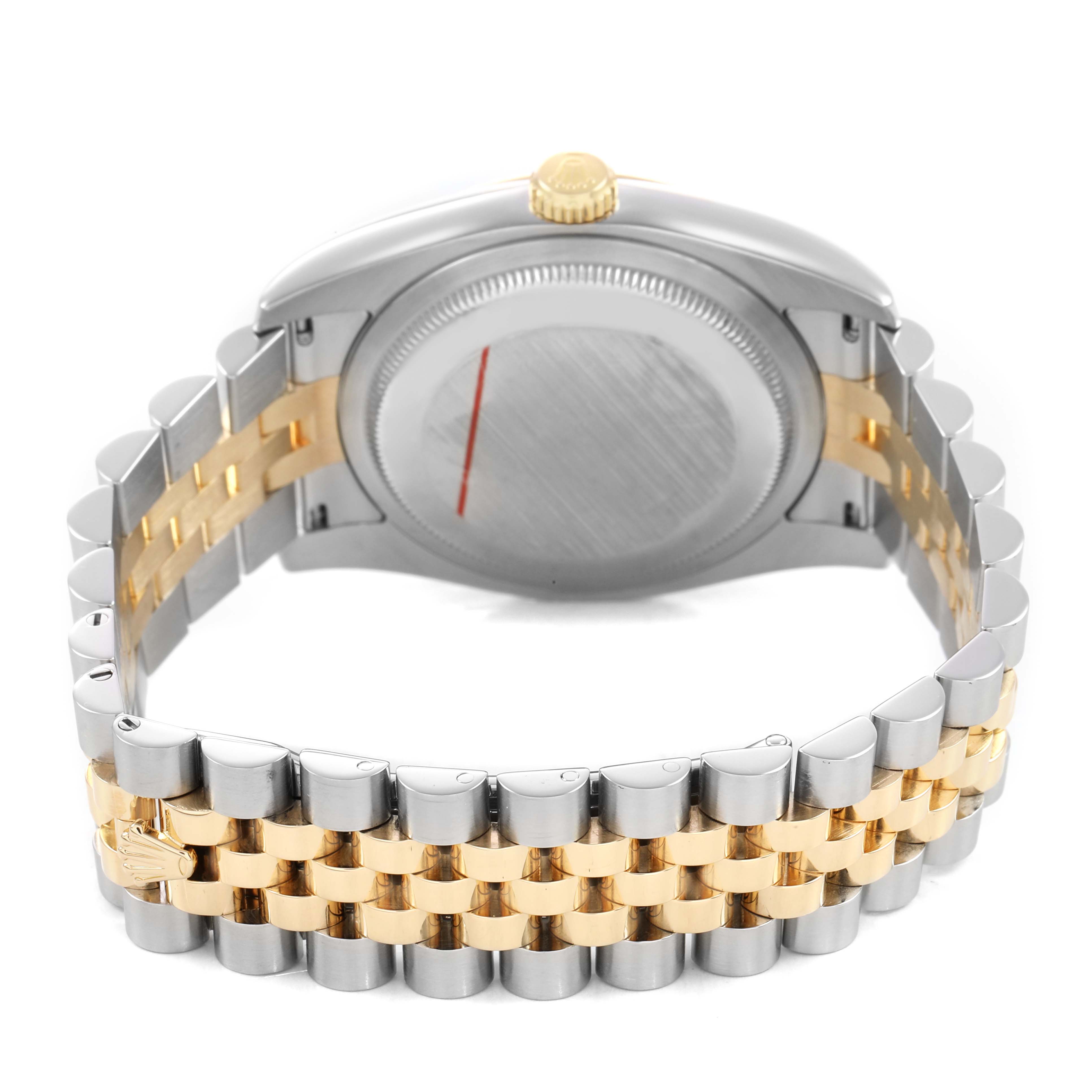 The image shows the back case and Jubilee bracelet of a Rolex Datejust 116233 Men's Steel and Gold (two tone) White Dial watch at an angled rear view.