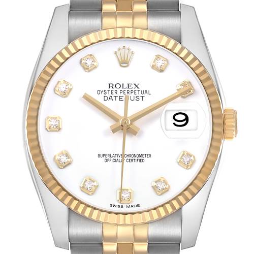 The Rolex Datejust 116233 Men's Steel and Gold (two tone) White Dial watch is shown from a front view, displaying the face, bezel, crown, and part of the bracelet.