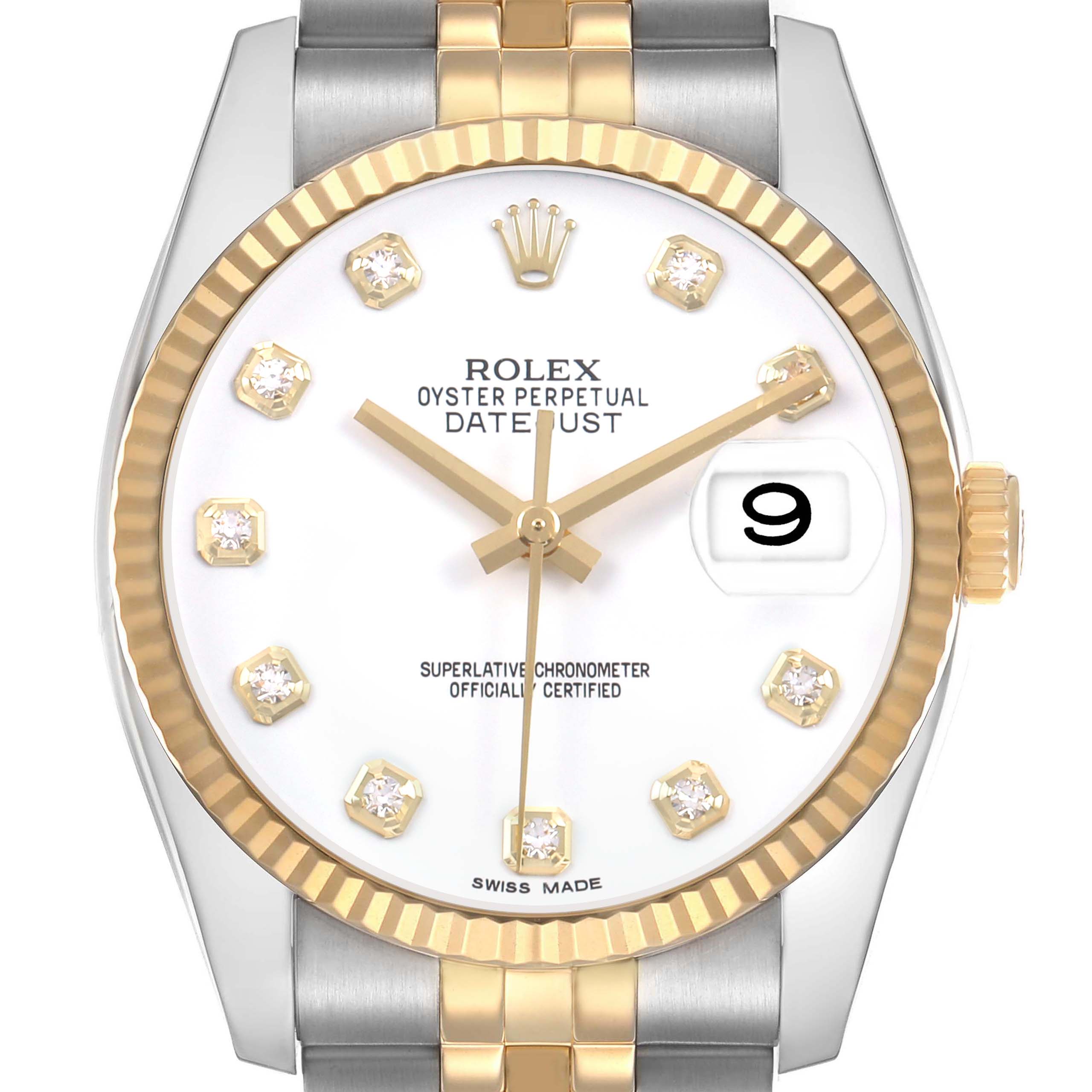 This Rolex Datejust 116233 Men's Steel and Gold (two tone) White Dial watch is shown from the front, featuring its dial, fluted bezel, hands, markers, and part of the bracelet.