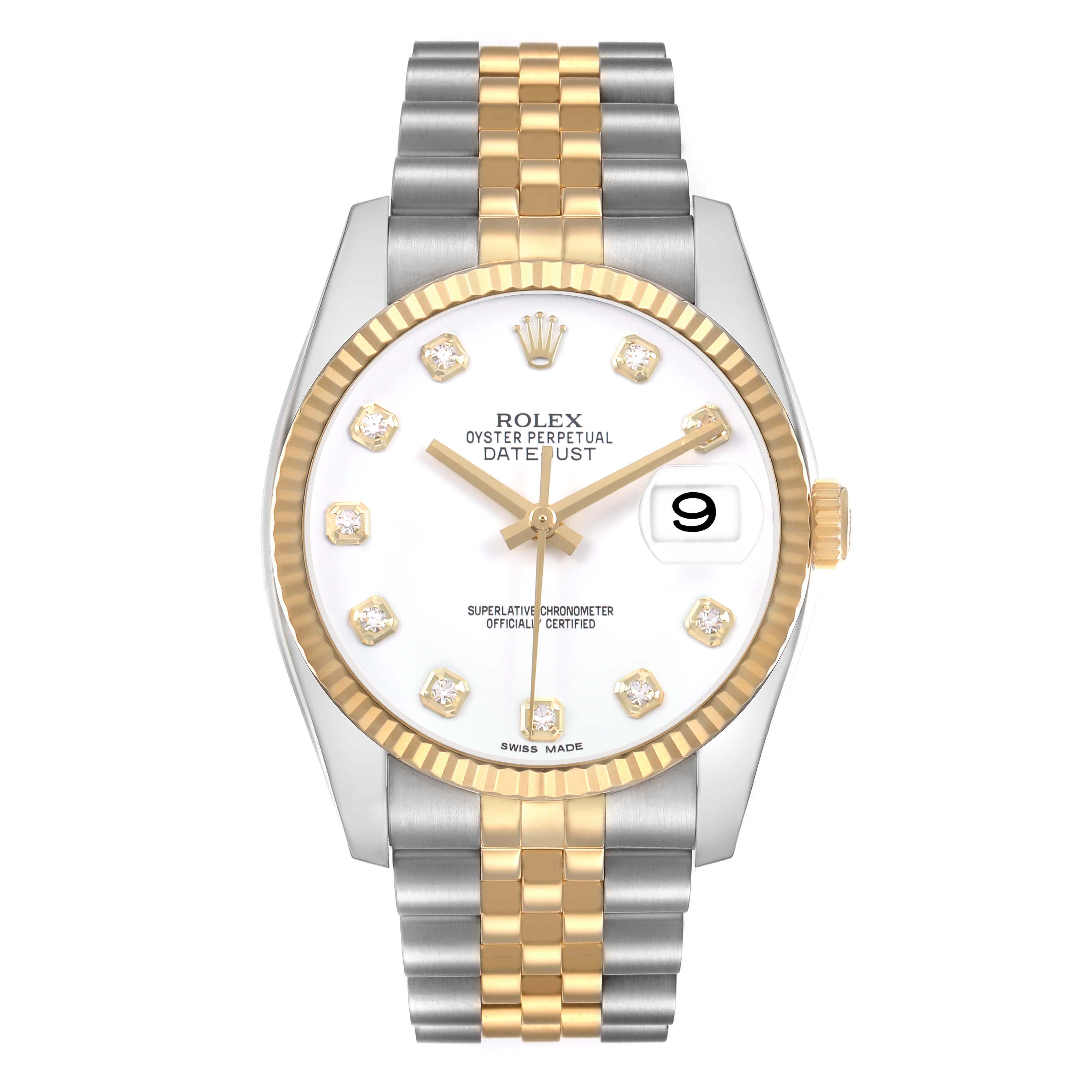 The Rolex Datejust 116233 Men's Steel and Gold (two tone) White Dial watch is shown from a front angle, displaying the dial, bezel, and two-tone bracelet.
