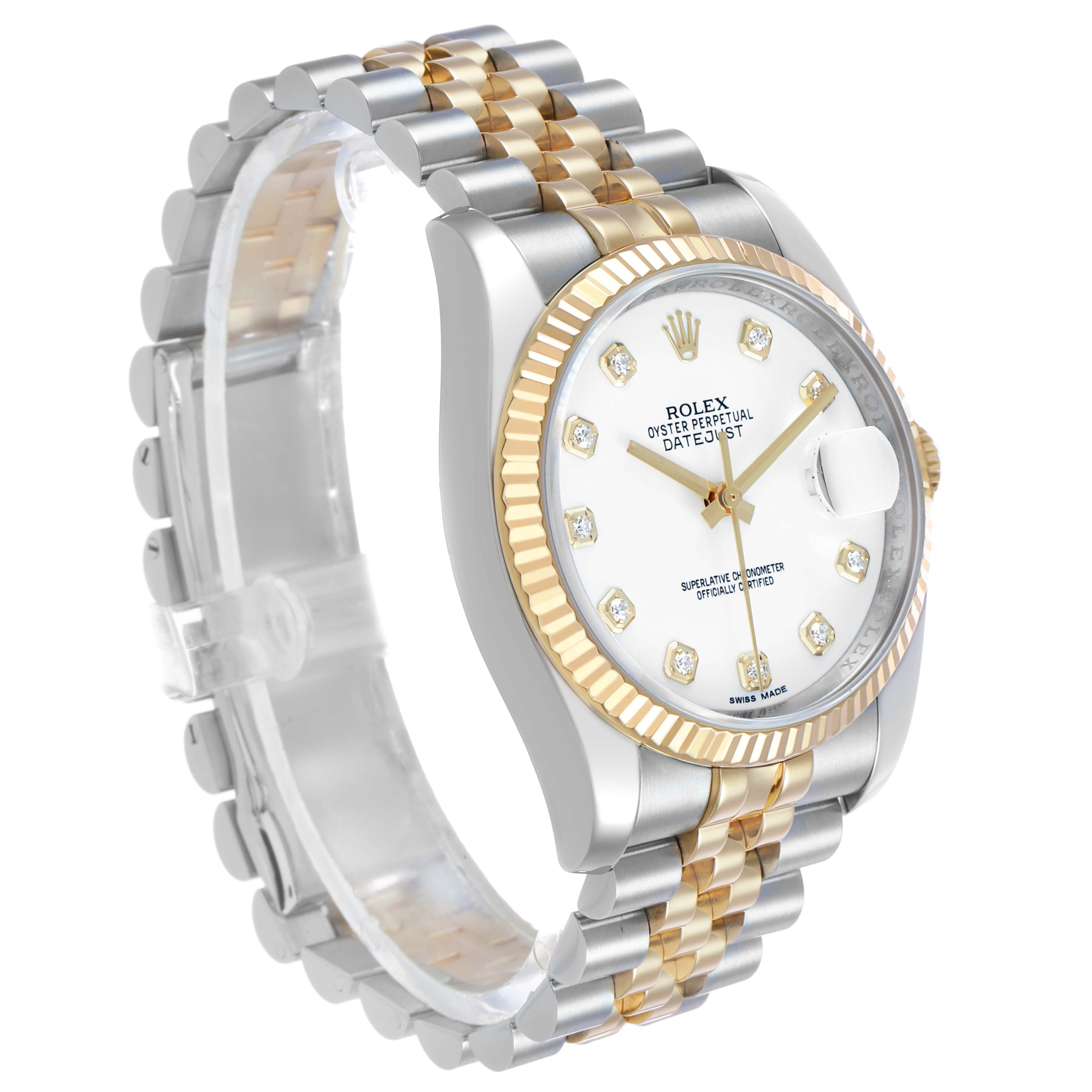 The Rolex Datejust 116233 Men's Steel and Gold (two tone) White Dial watch is shown at a slight angle, highlighting the face, bezel, and bracelet.