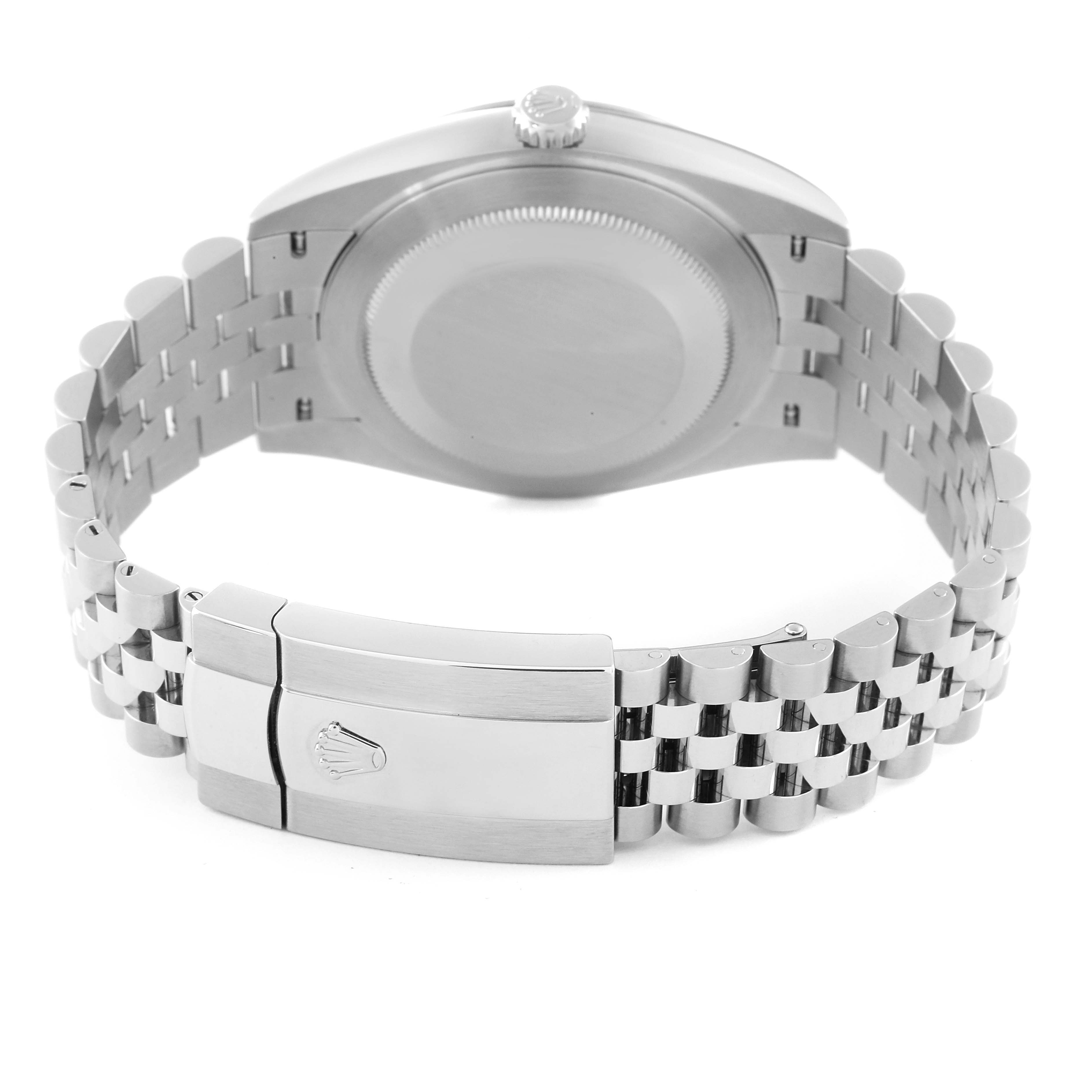 The image shows the back view of a Rolex Datejust 41 126300 Men
s Stainless Steel Grey Dial 126300 Men
s Stainless Steel Grey Dial watch, including the case back and the clasp of the metal bracelet.