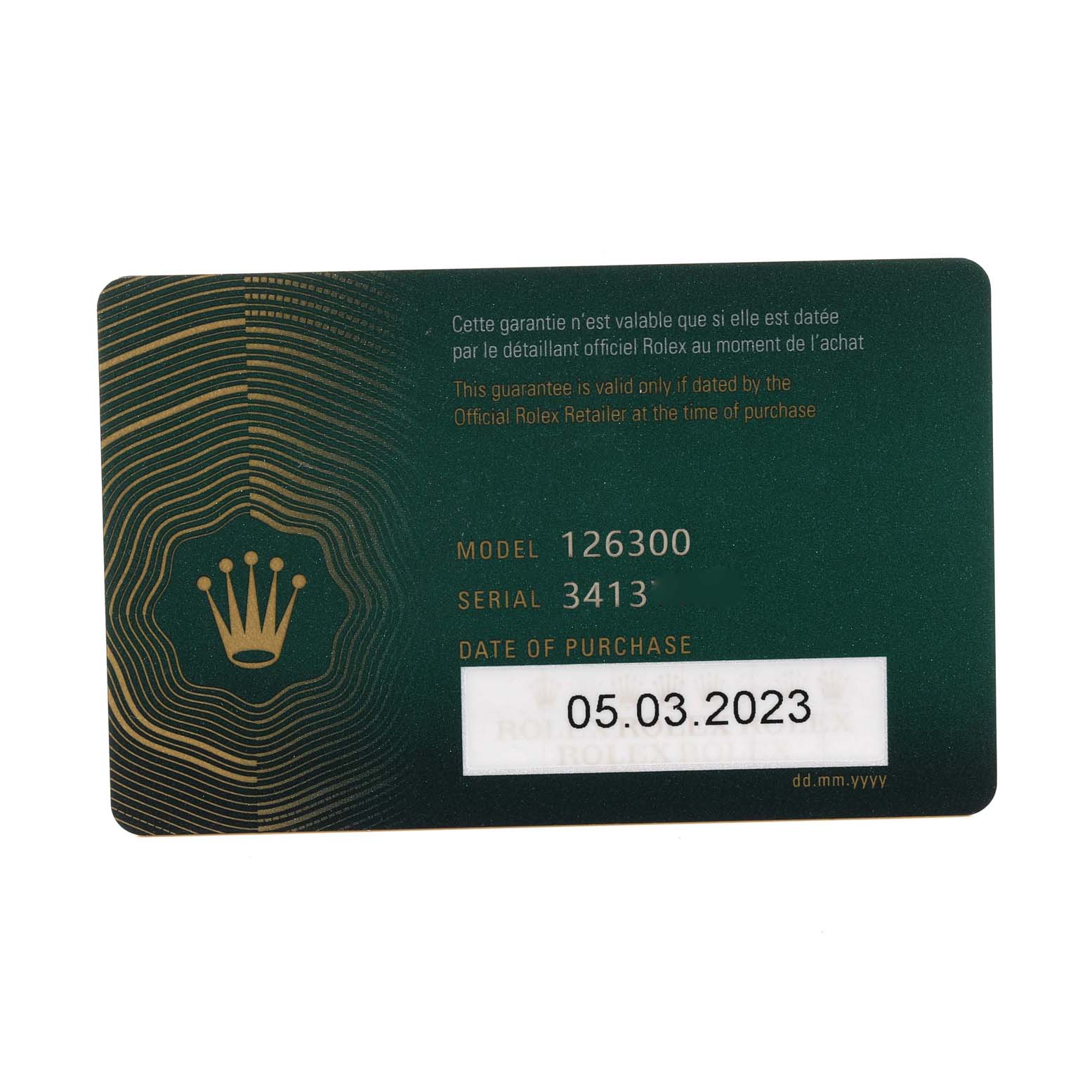 The image shows a warranty card for a Rolex Datejust 41 126300 Men
s Stainless Steel Grey Dial 126300 Men
s Stainless Steel Grey Dial model with model number 126300 and purchase date 05.03.2023.