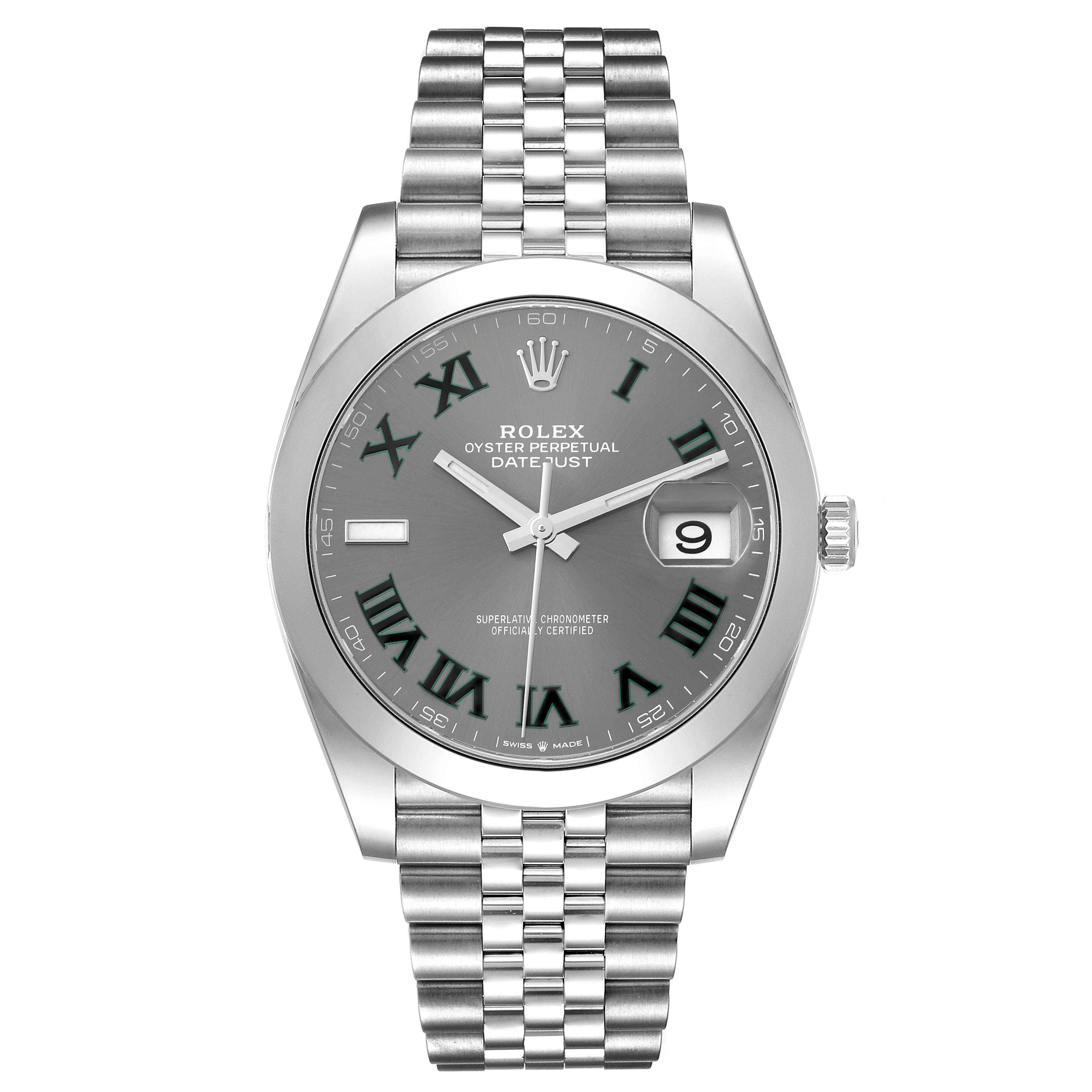The image shows a front view of the Rolex Datejust 41 126300 Men
s Stainless Steel Grey Dial 126300 Men
s Stainless Steel Grey Dial watch, featuring its dial, bezel, crown, and bracelet.