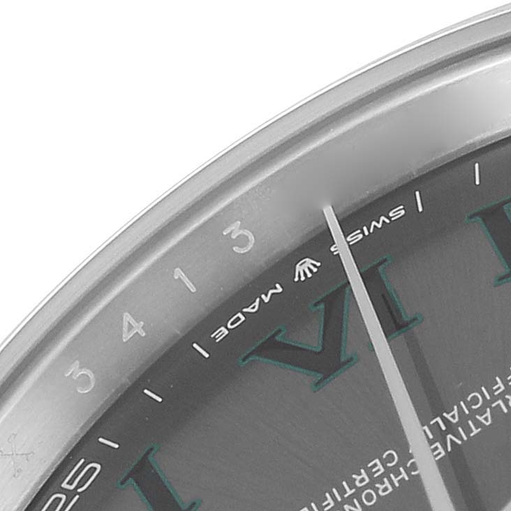 The image shows a close-up of the dial edge and bezel of the Rolex Datejust 41 126300 Men
s Stainless Steel Grey Dial 126300 Men
s Stainless Steel Grey Dial, highlighting the "Swiss Made" text and part of the Roman numeral VI.