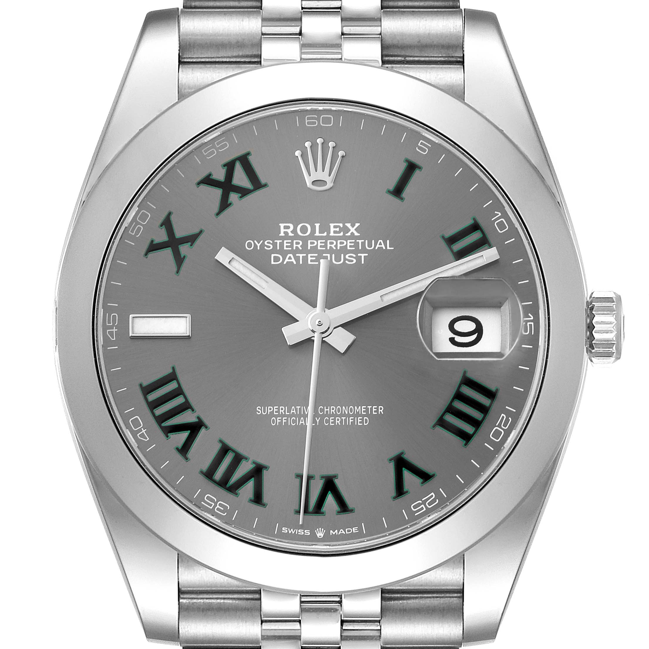 This is a front view of the Rolex Datejust 41 126300 Men
s Stainless Steel Grey Dial 126300 Men
s Stainless Steel Grey Dial watch, showing the dial, hands, date window, and part of the bracelet.